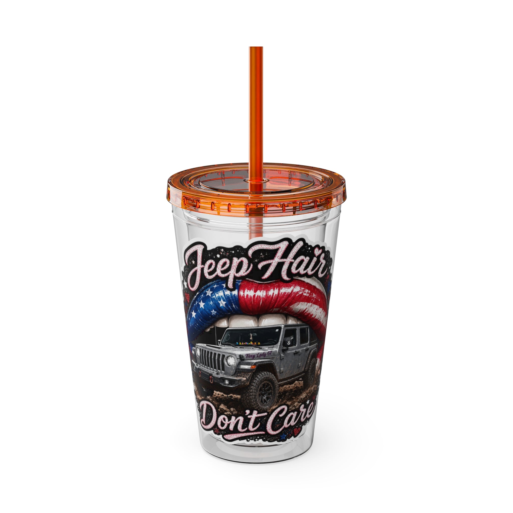 Jeep Hair Don't Care 16oz Tumbler with Straw — Patriotic Off-Road Truck Design