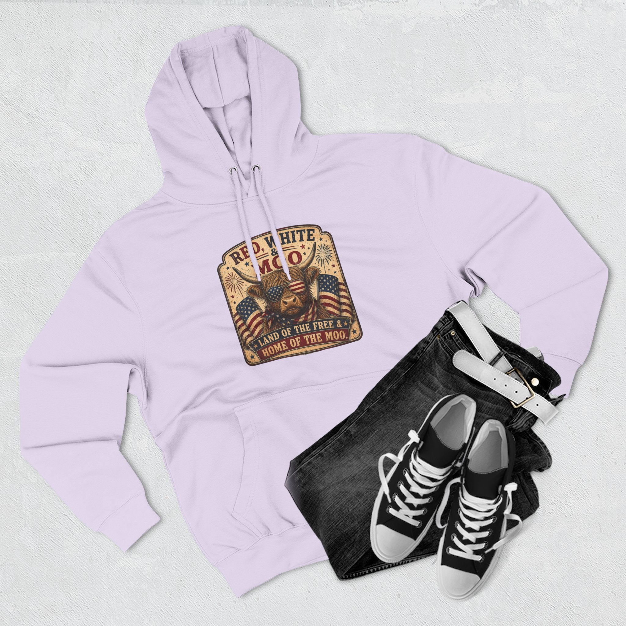 Red, White, & Moo Highland Cow Three-Panel Fleece Hoodie