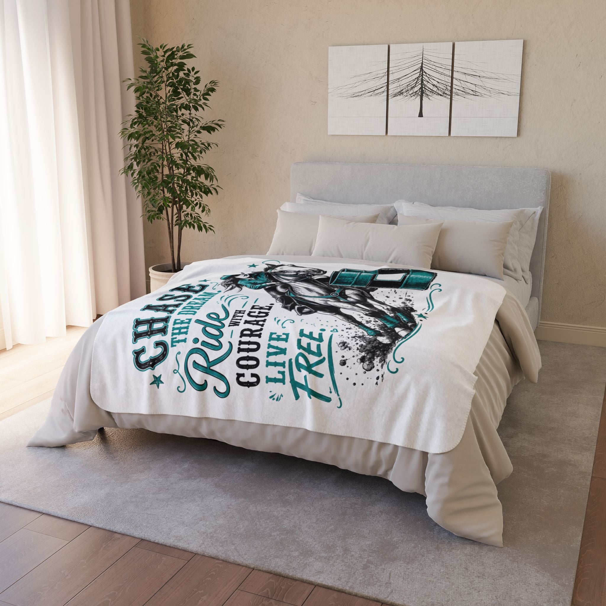 Chase Your Dream Horse Teal Fleece Sherpa Blanket