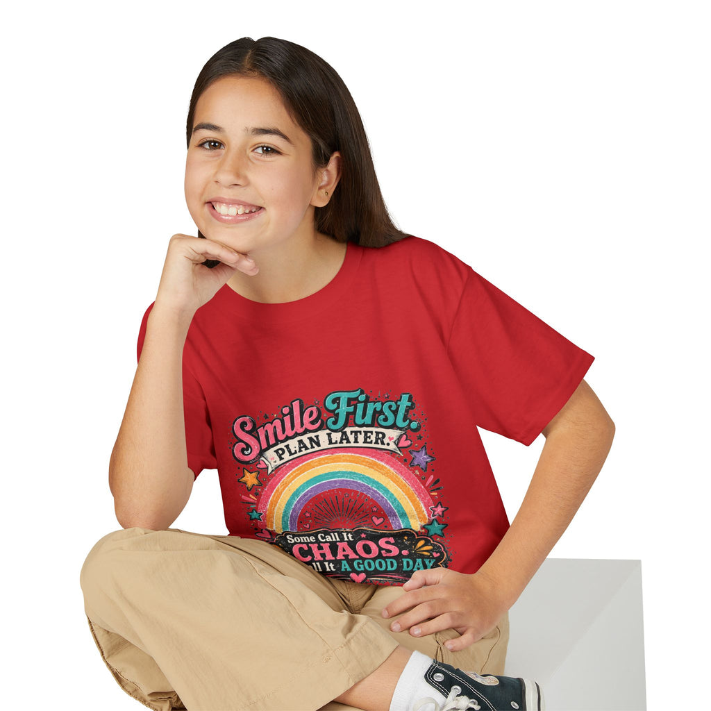 "Smile First, Plan Later" Rainbow Chaos Graphic Tee - Youth T-Shirt —