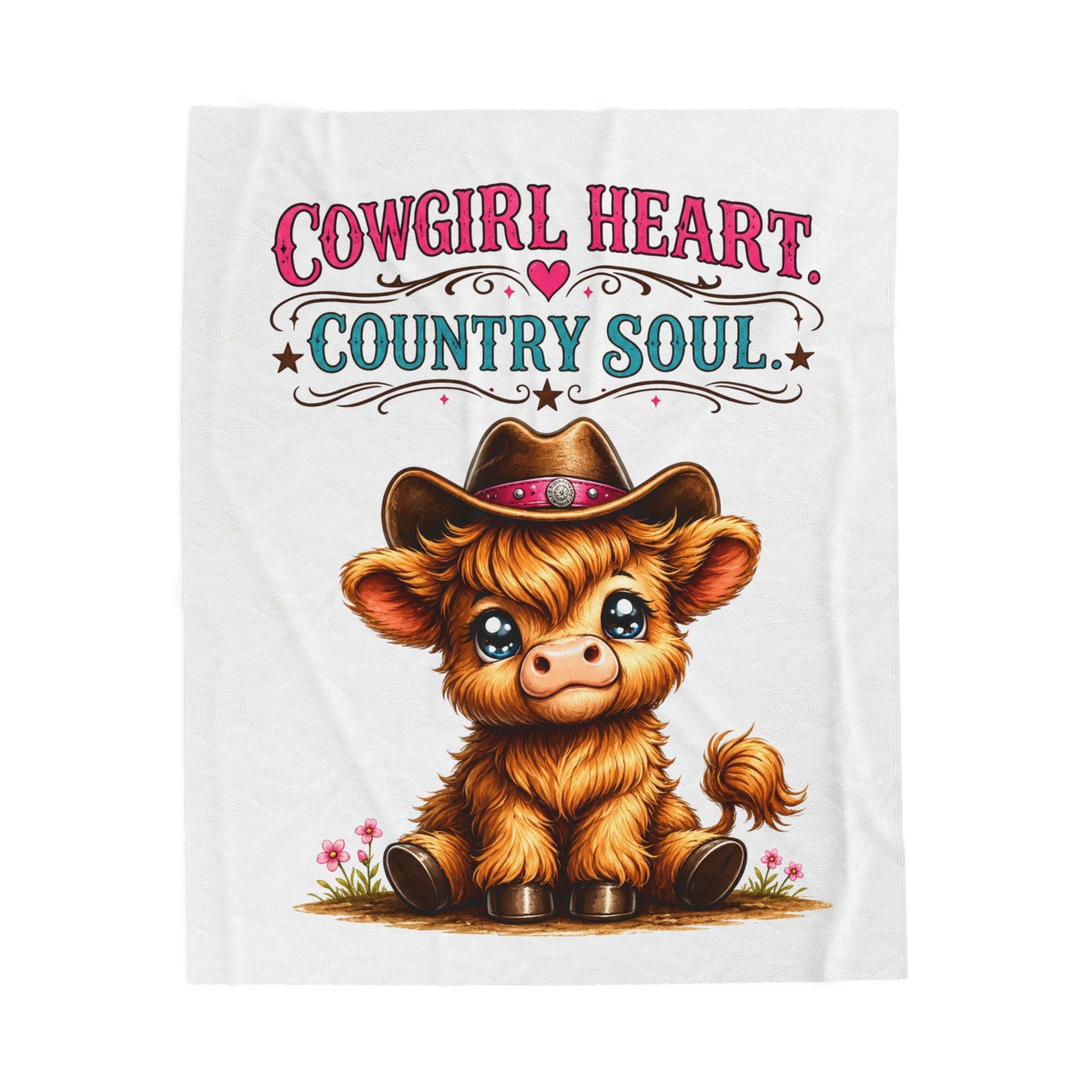 Cowgirl Heart Velveteen Plush Blanket — Cute Cowgirl Calf Design, "Cowgirl Heart Country Soul" Throw