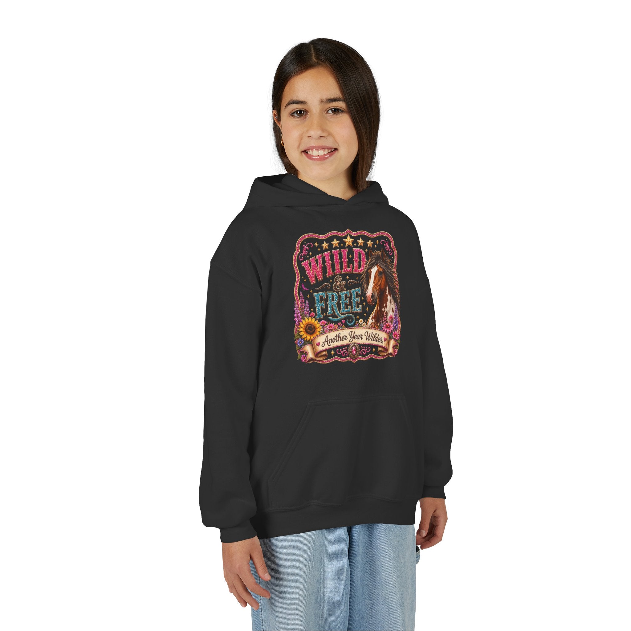 Youth Hoodie — "Wild & Free" Horse Graphic Pullover