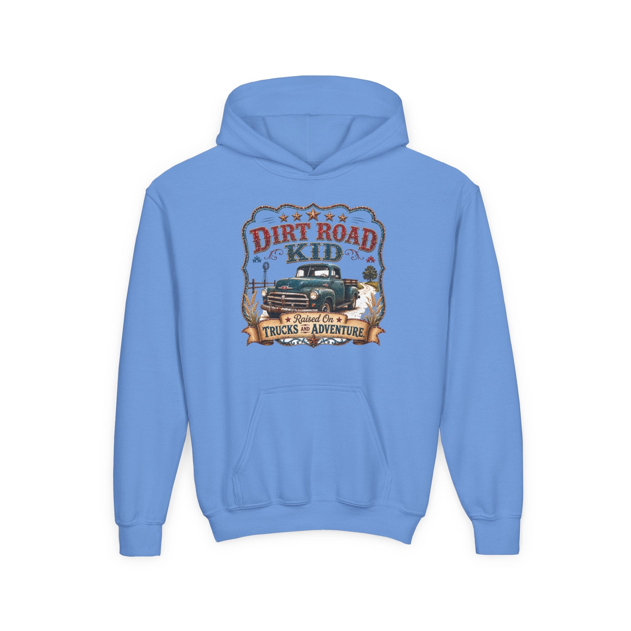 Youth Hoodie — “Dirt Road Kid” Vintage Truck Adventure Sweatshirt
