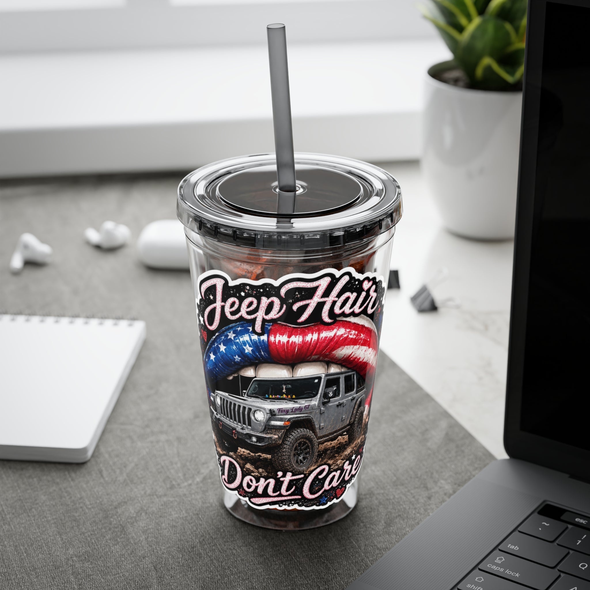 Jeep Hair Don't Care 16oz Tumbler with Straw — Patriotic Off-Road Truck Design