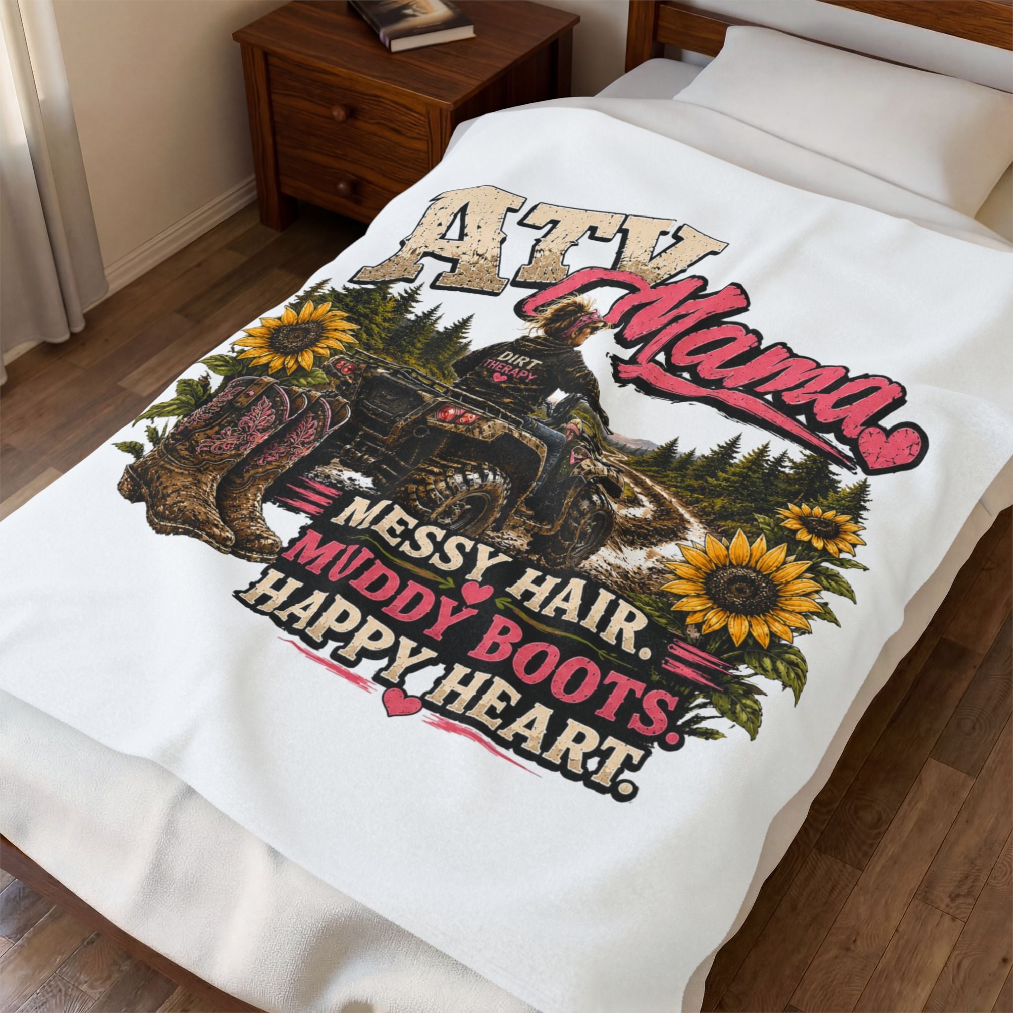 ATV Mama Messy Hair, Muddy Boots, Happy Heart Velveteen Plush Blanket