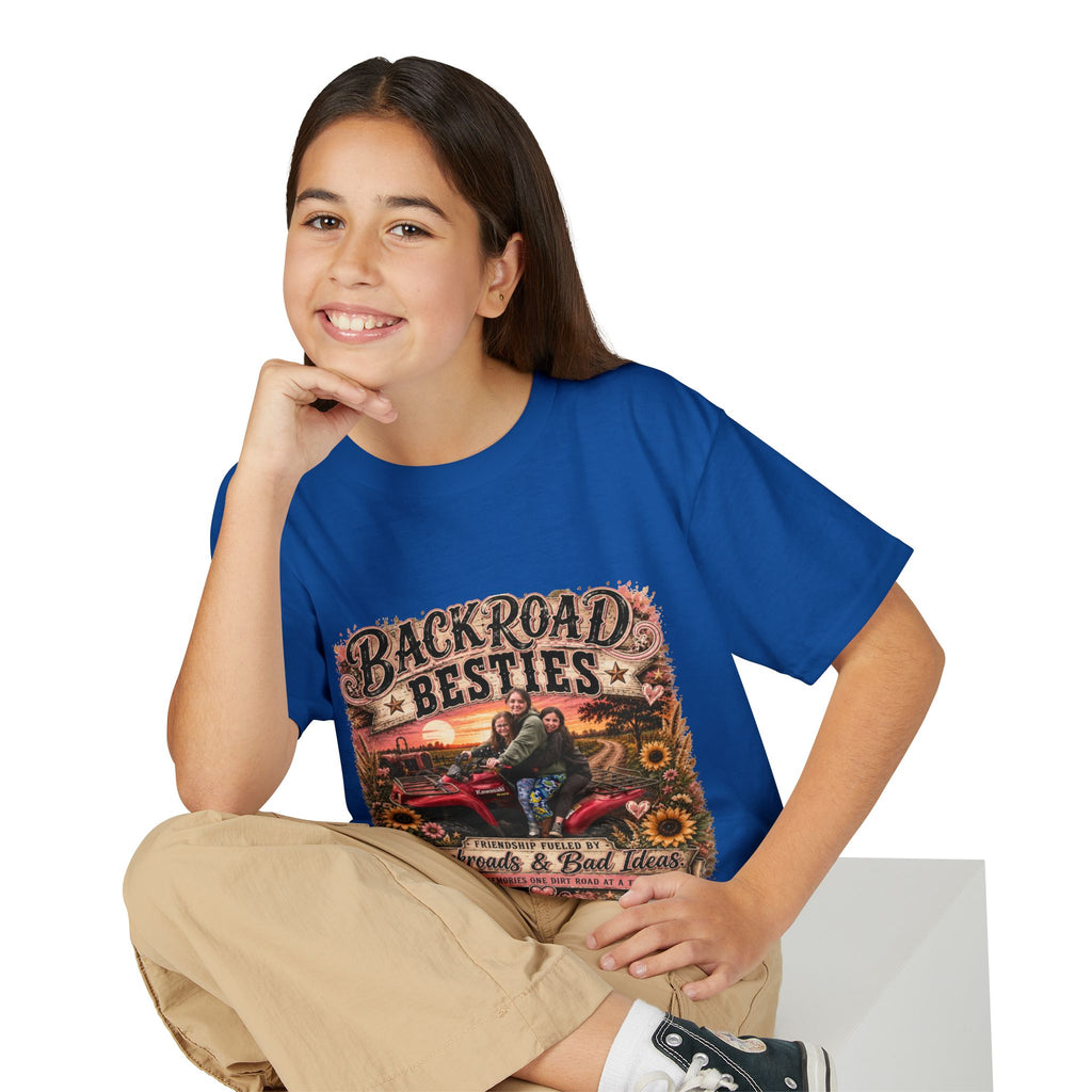 Backroad Besties Youth T‑Shirt — Vintage Tractor Sunset Kids Tee
