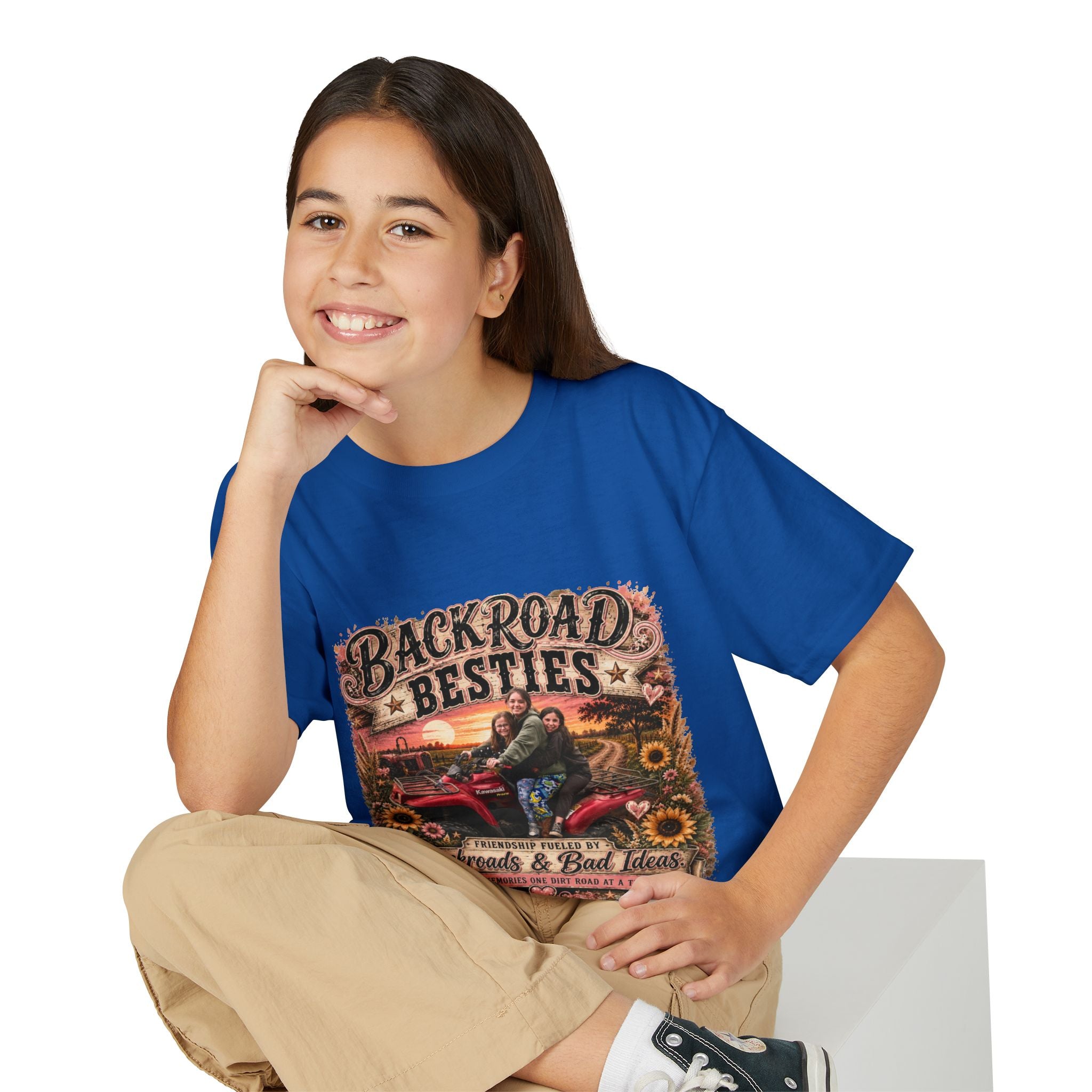 Backroad Besties Youth T‑Shirt — Vintage Tractor Sunset Kids Tee