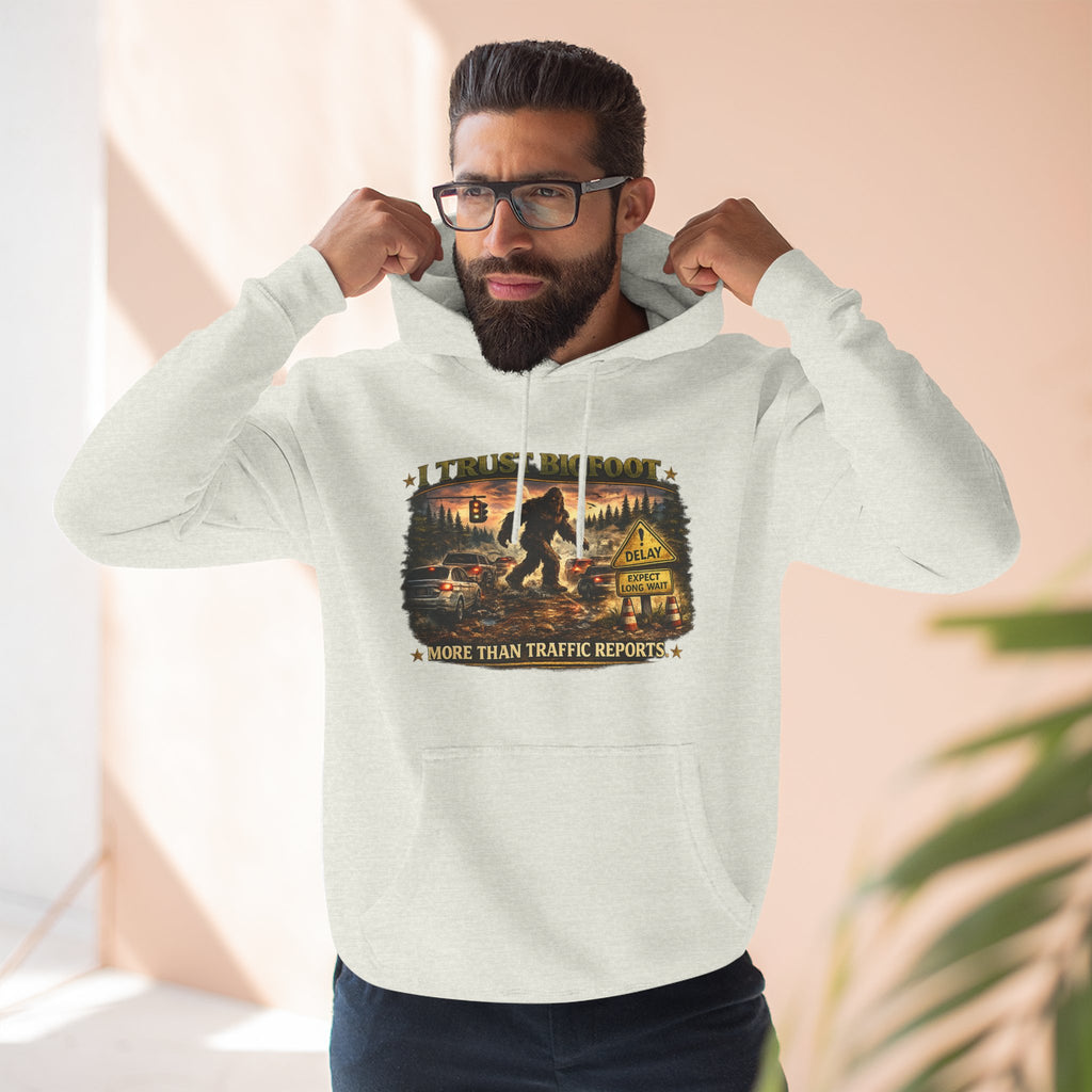 Bigfoot Forest Hoodie - "More Than Traffic Reports" Retro Sasquatch Graphic Hoodie