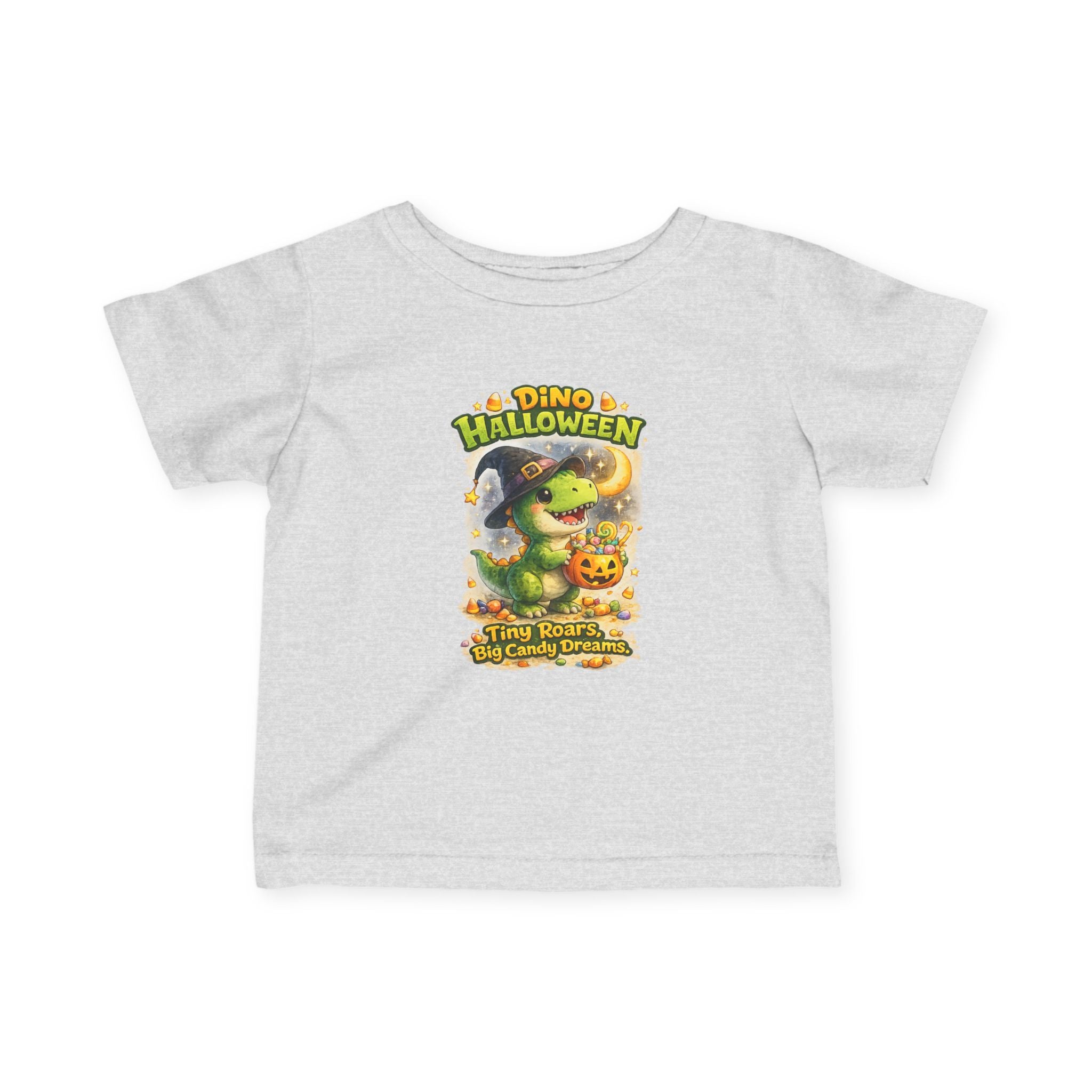 "Tiny Roars, Big Candy Dreams" Baby Shirt — Infant Halloween Dino Tee