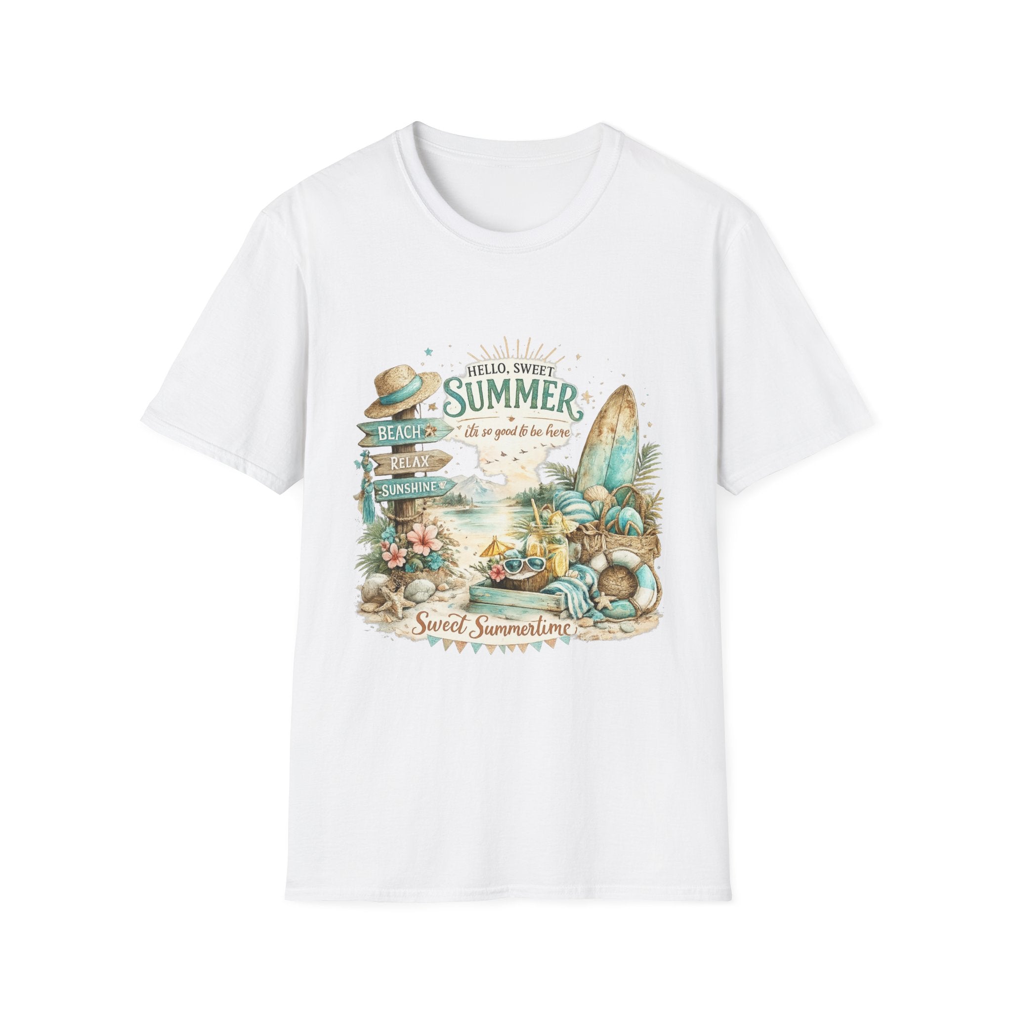 "Hello, Sweet Summer" Surf & Sunshine Graphic — Summer Beach T‑Shirt