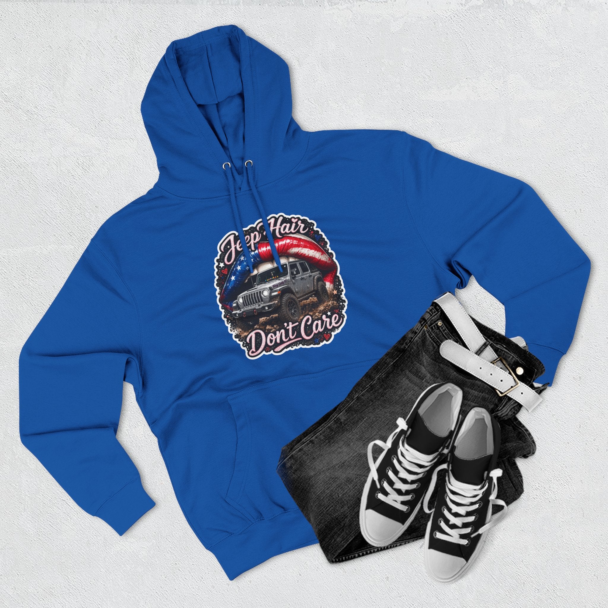 "Jeep Hair Don't Care" Graphic Fleece Pullover - Patriotic Jeep Hoodie