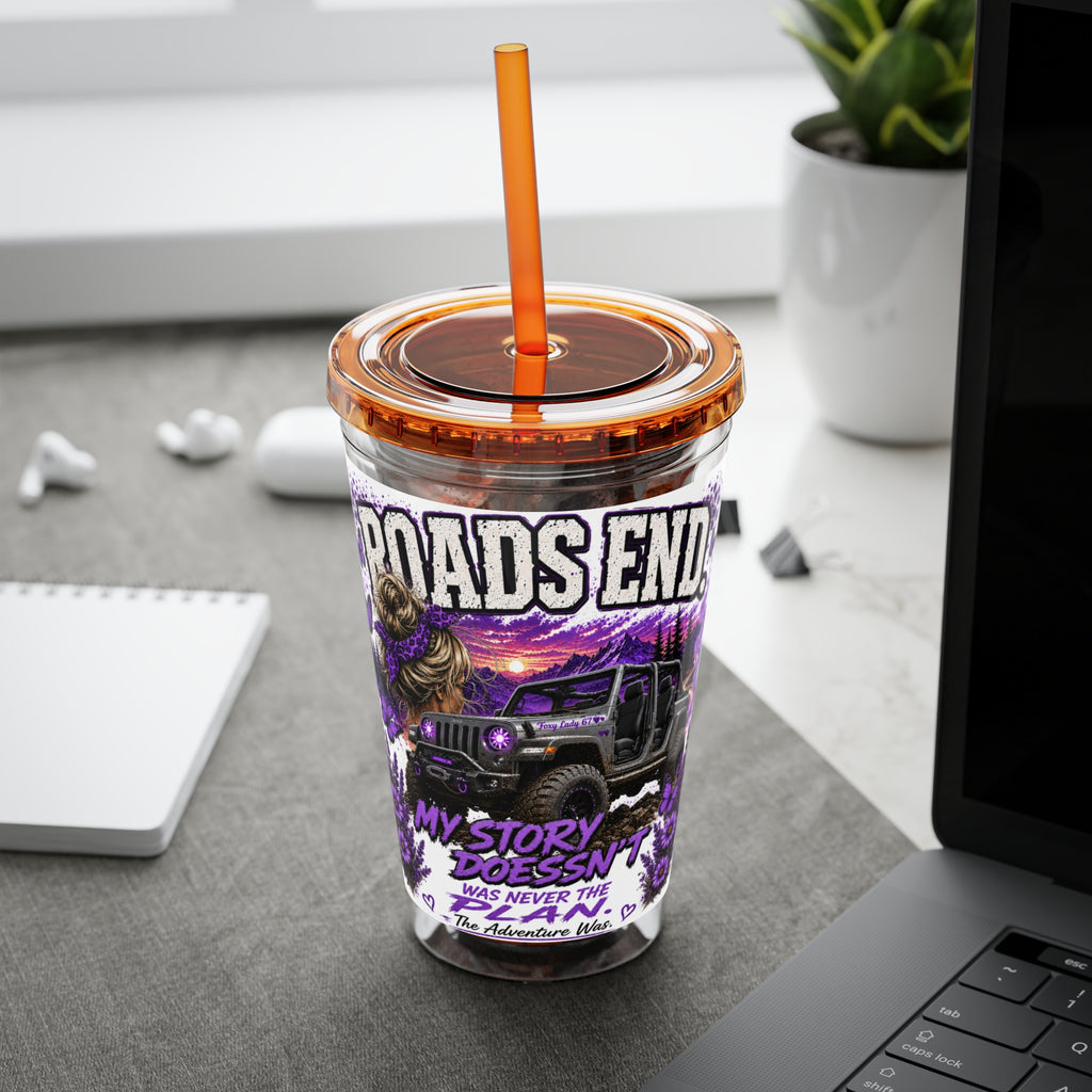 Roads End 16oz Tumbler with Straw — Purple Adventure Truck Design