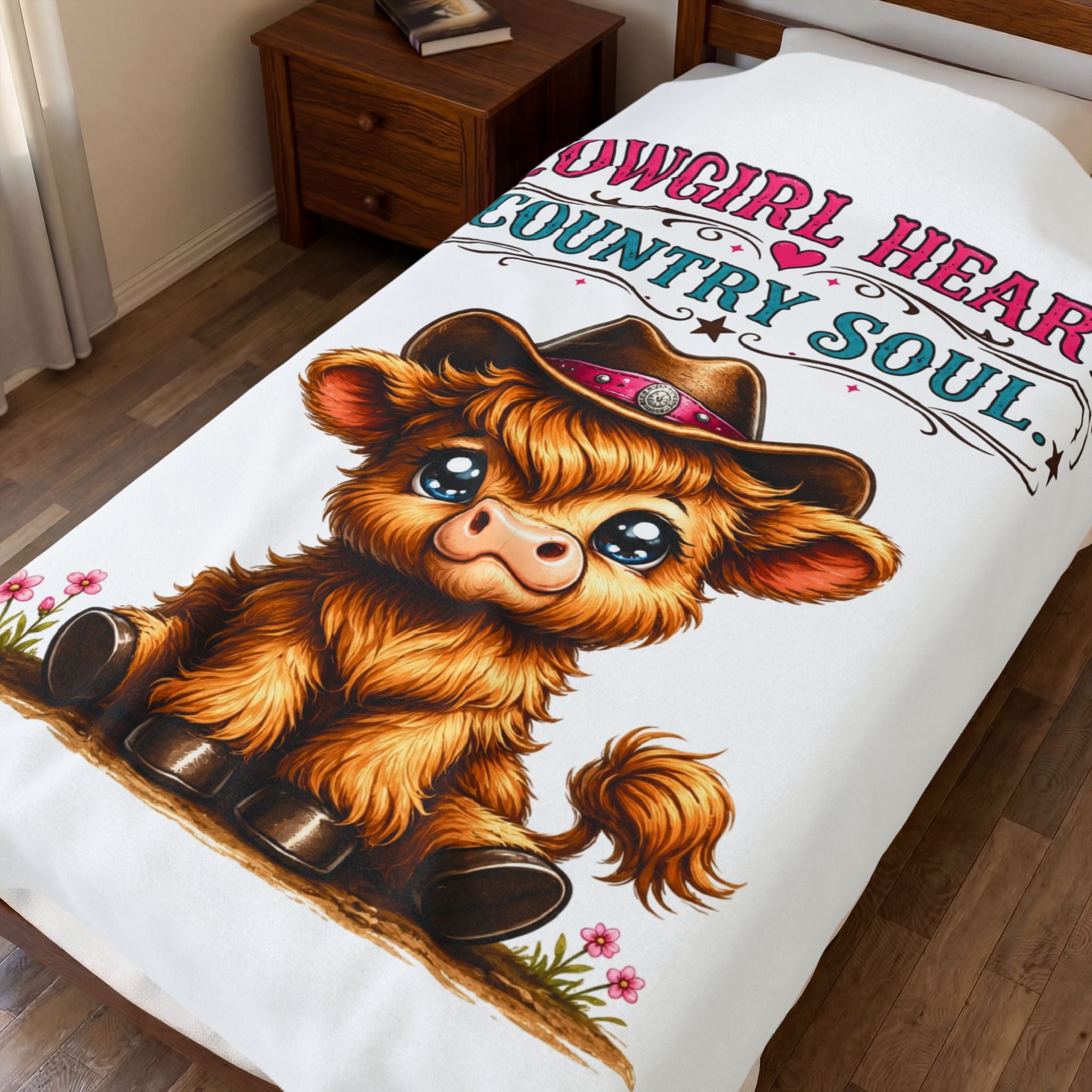 Cowgirl Heart Velveteen Plush Blanket — Cute Cowgirl Calf Design, "Cowgirl Heart Country Soul" Throw