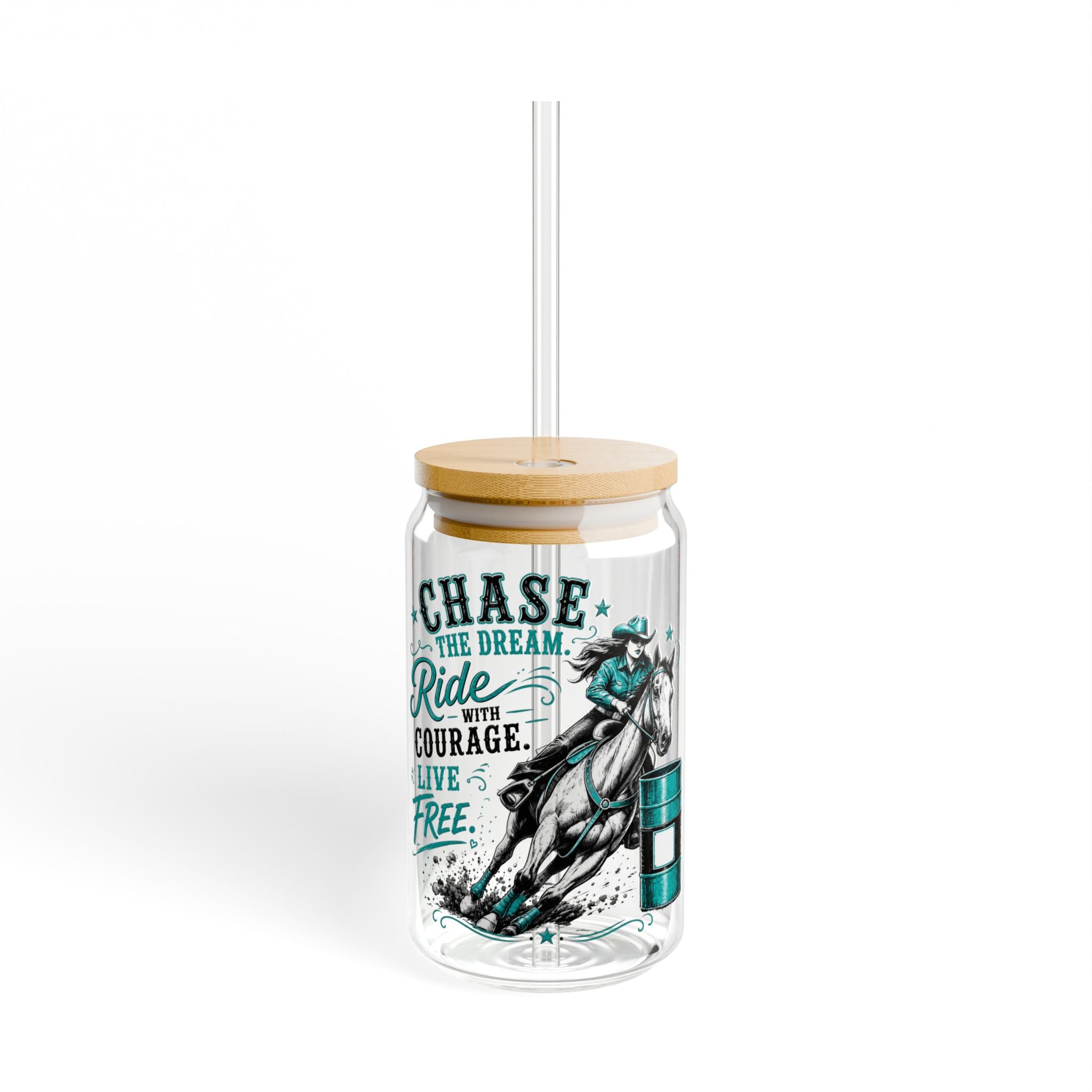 Chase the Dream Horse Teal Glass Straw Cup, 16oz