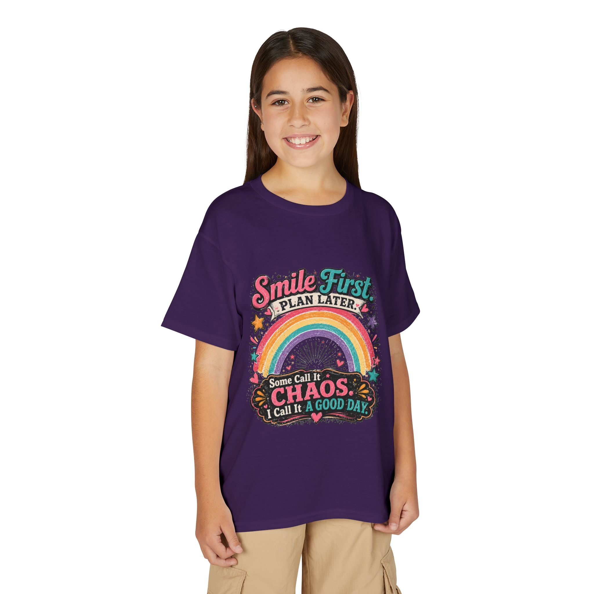 "Smile First, Plan Later" Rainbow Chaos Graphic Tee - Youth T-Shirt —