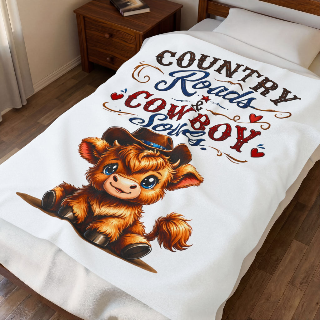 Country Roads & Cowboy Souls Velveteen Plush Blanket – Cute Cow in Cowboy Hat