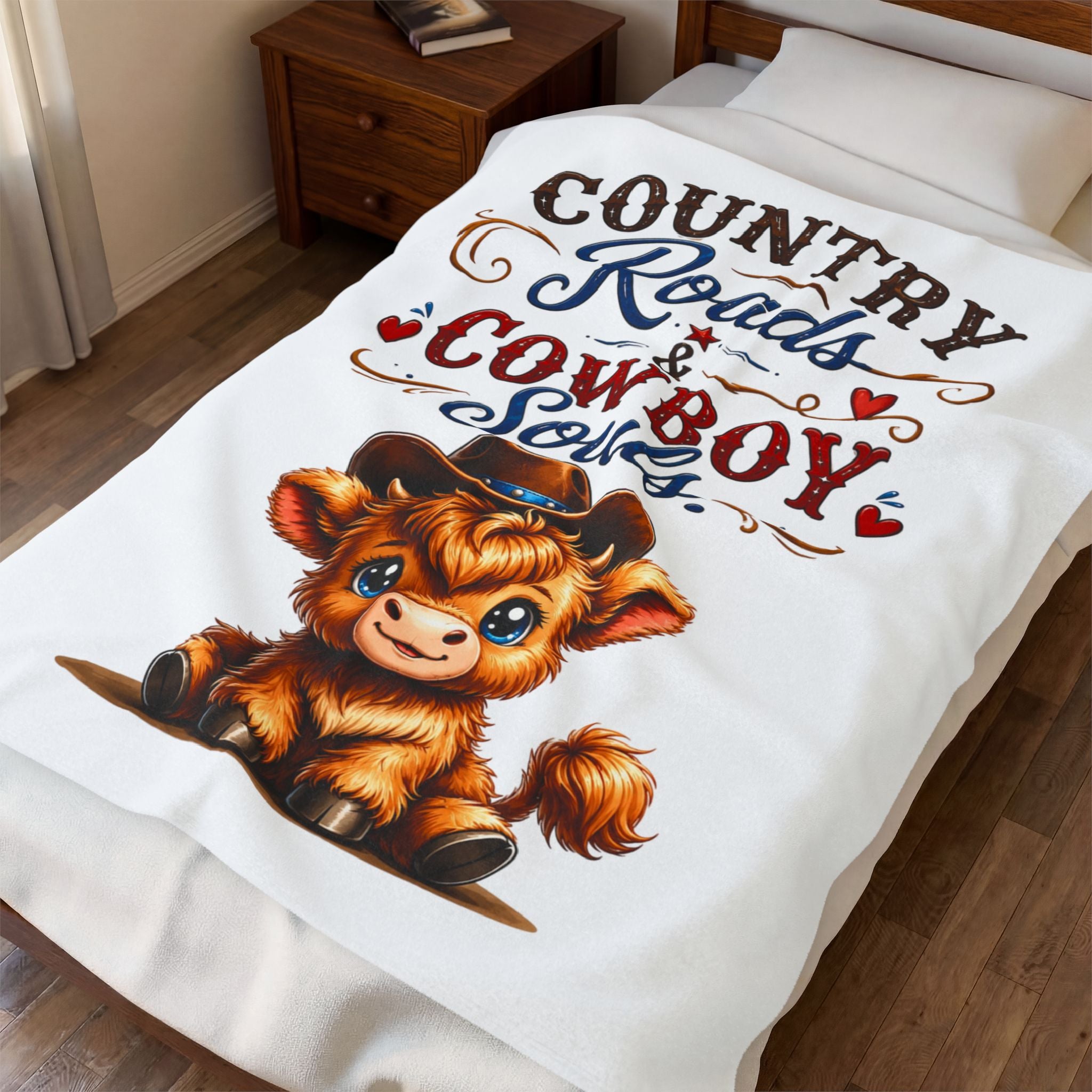 Country Roads & Cowboy Souls Velveteen Plush Blanket – Cute Cow in Cowboy Hat