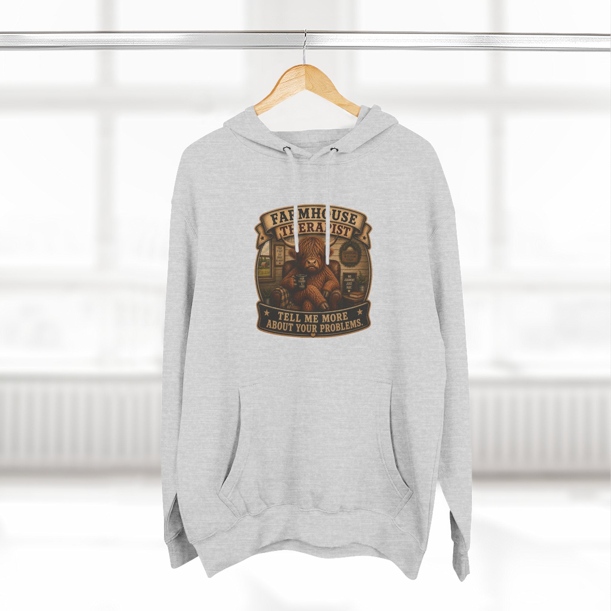 Farmhouse Therapist Highland Cow Three-Panel Fleece Hoodie