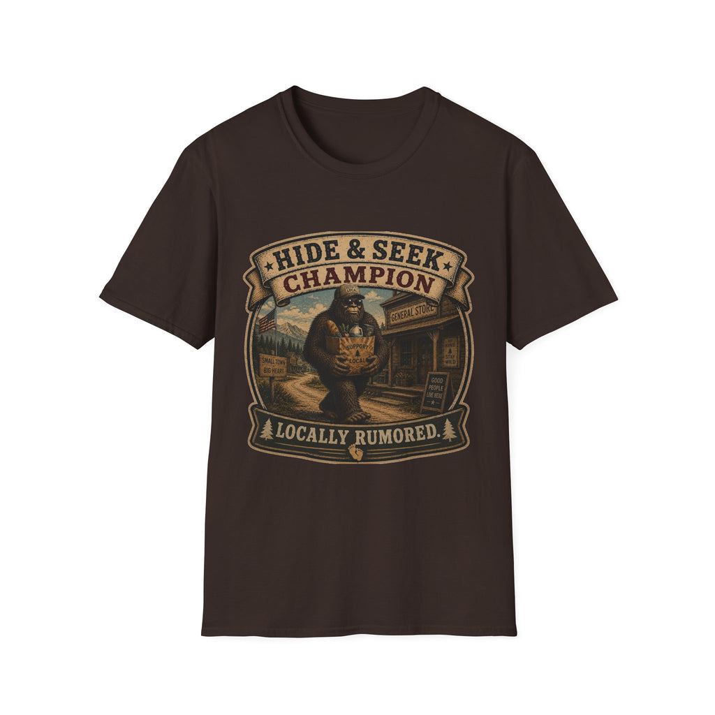 Hide & Seek Champion T-Shirt — Bigfoot Sasquatch Vintage Badge Design