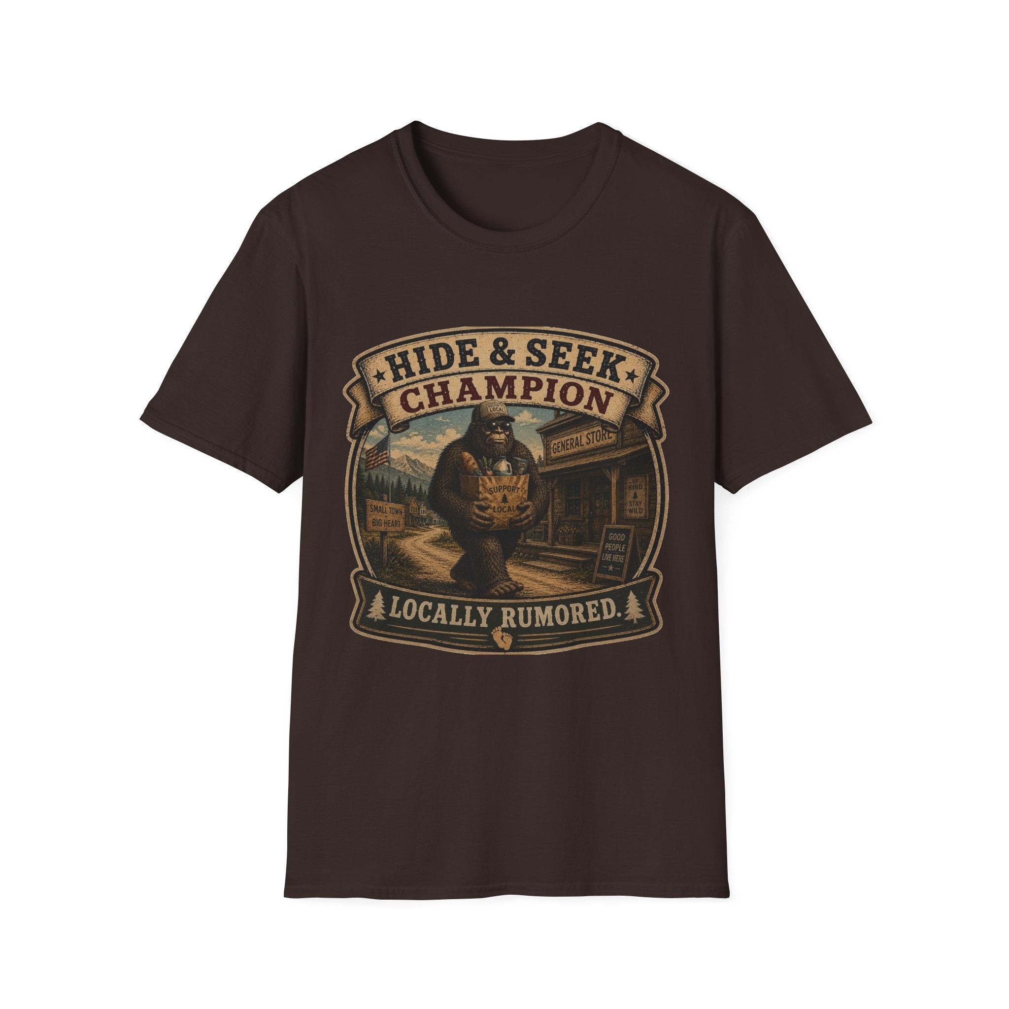 Hide & Seek Champion T-Shirt — Bigfoot Sasquatch Vintage Badge Design