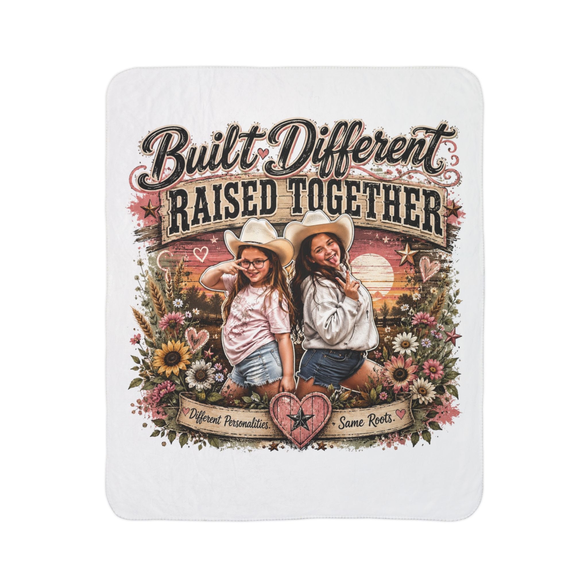 "Built Different Raised Together" Sister Cowgirl Retro Floral Throw — Fleece Sherpa Blanket