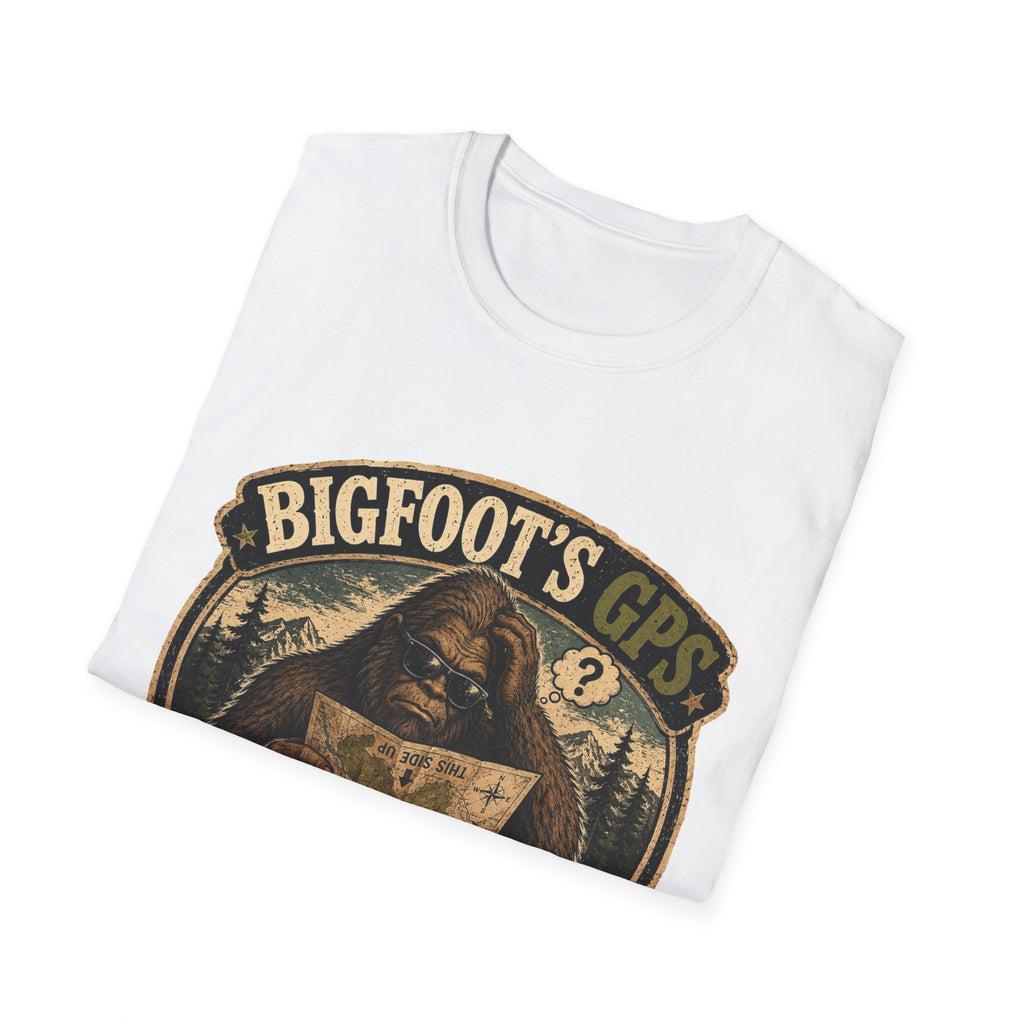 Bigfoot’s GPS T-Shirt — "Recalculating... Again" Retro Sasquatch Graphic Tee