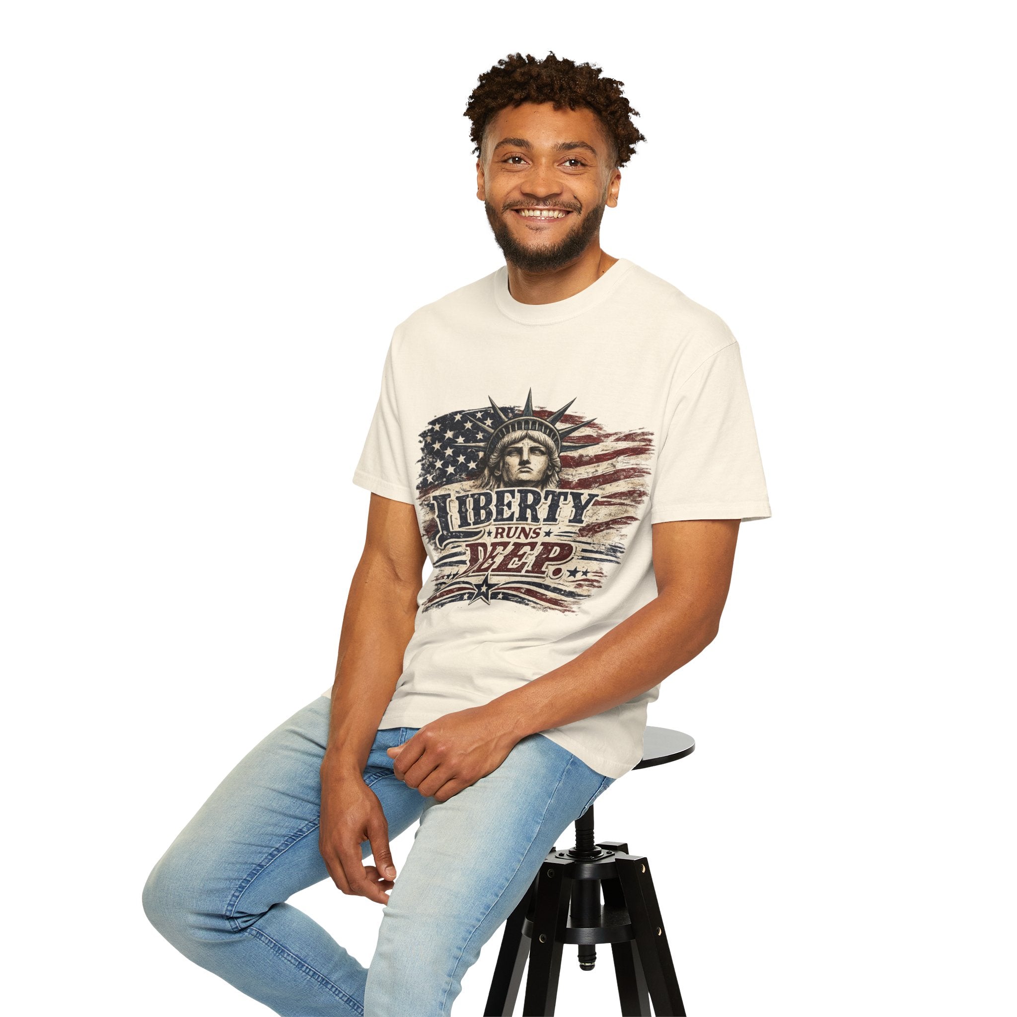 Liberty Runs Deep T-Shirt — Vintage Statue of Liberty American Flag Tee