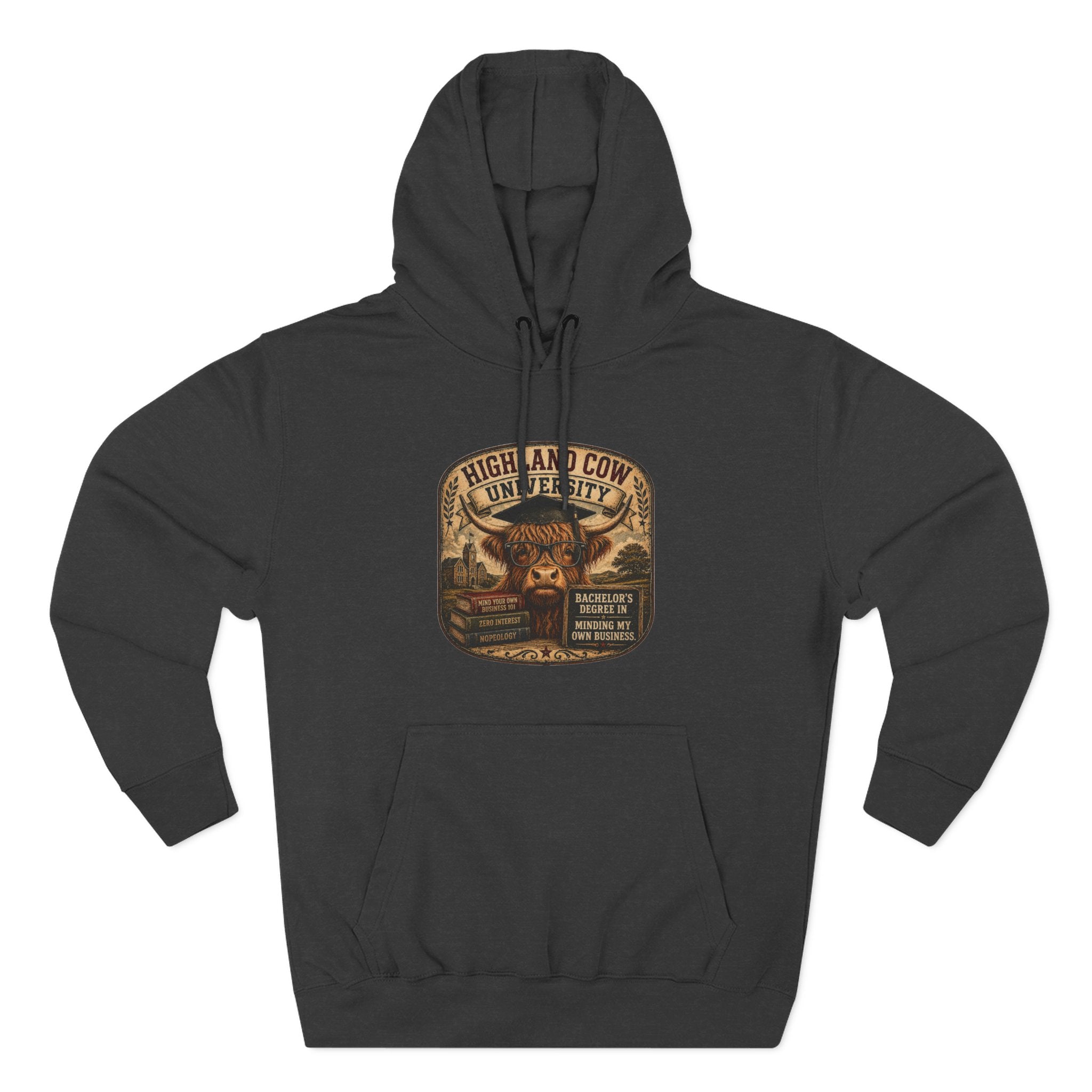 Highland Cow University Three-Panel Fleece Hoodie