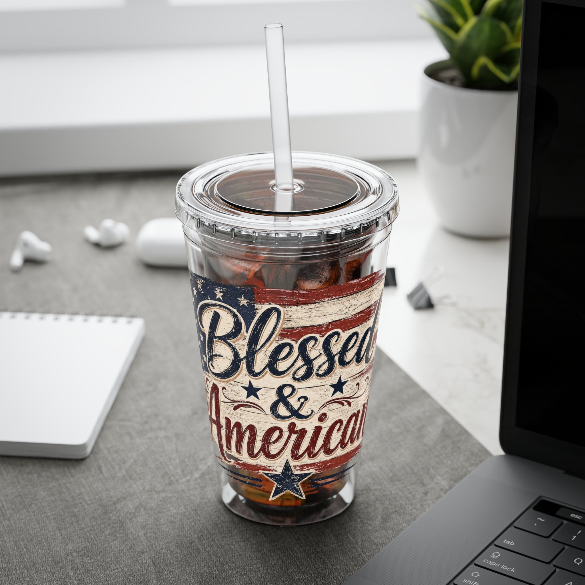 Blessed & American Sunsplash Tumbler with Straw, 16oz