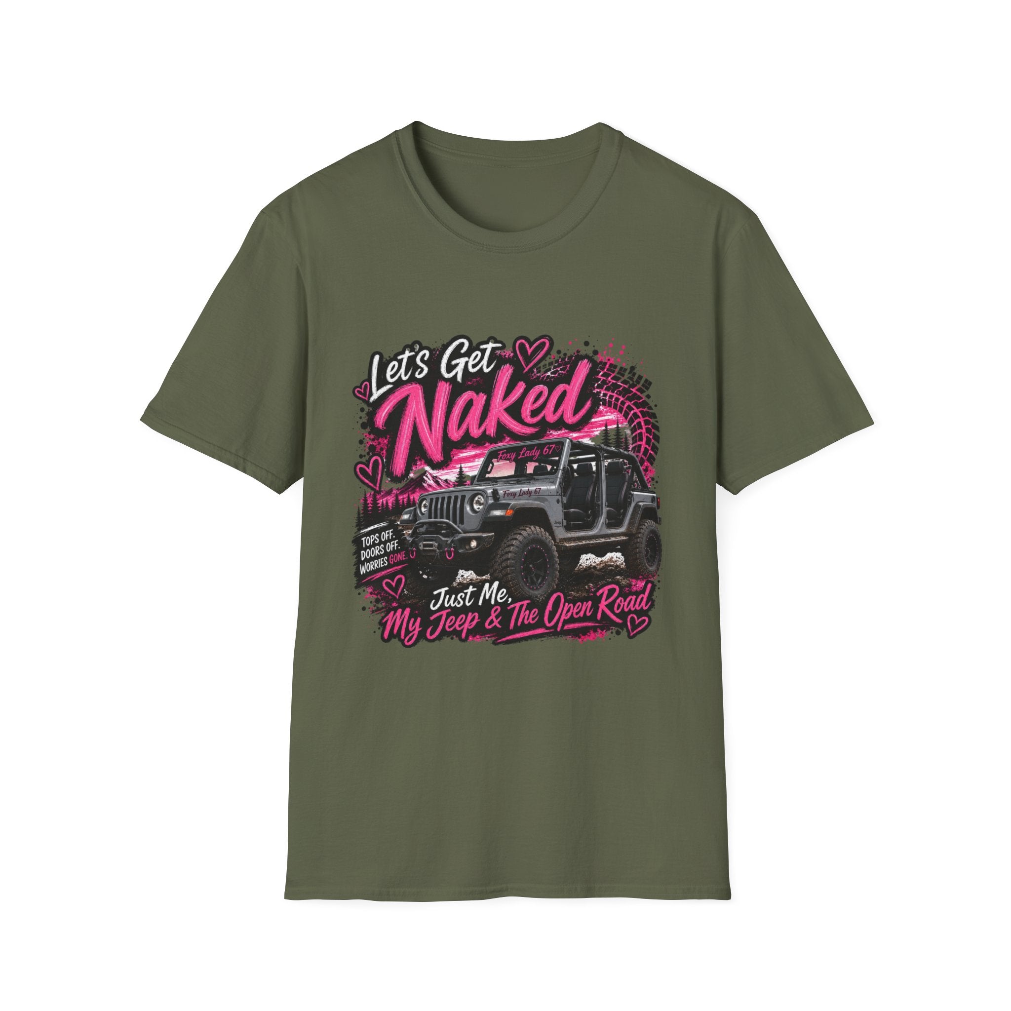 Jeep 'Let's Get Naked' Graphic T-Shirt — (Pink) Funny Off-Roading Top