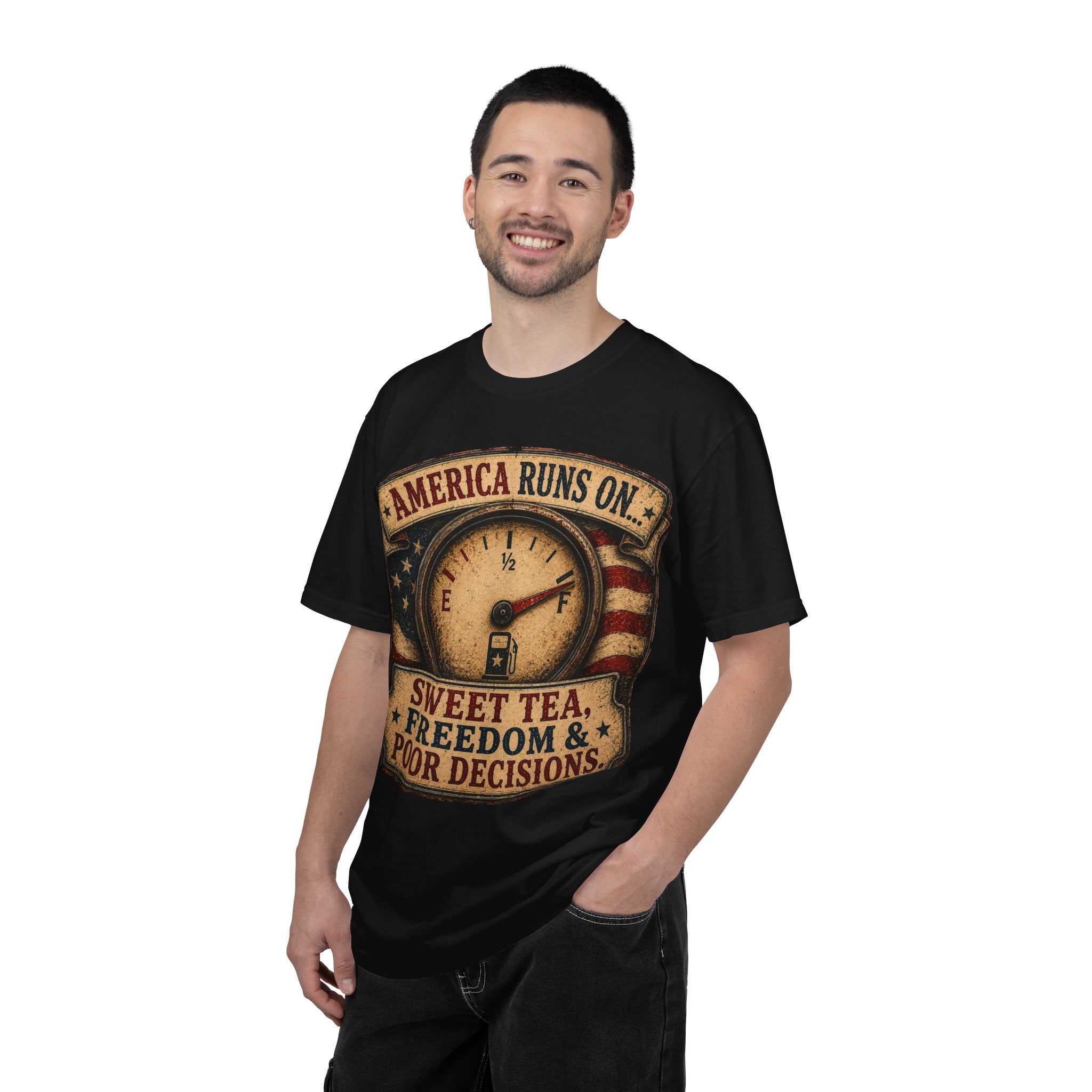 America Runs On T-Shirt — "Sweet Tea, Freedom & Poor Decisions" Vintage Patriotic Tee