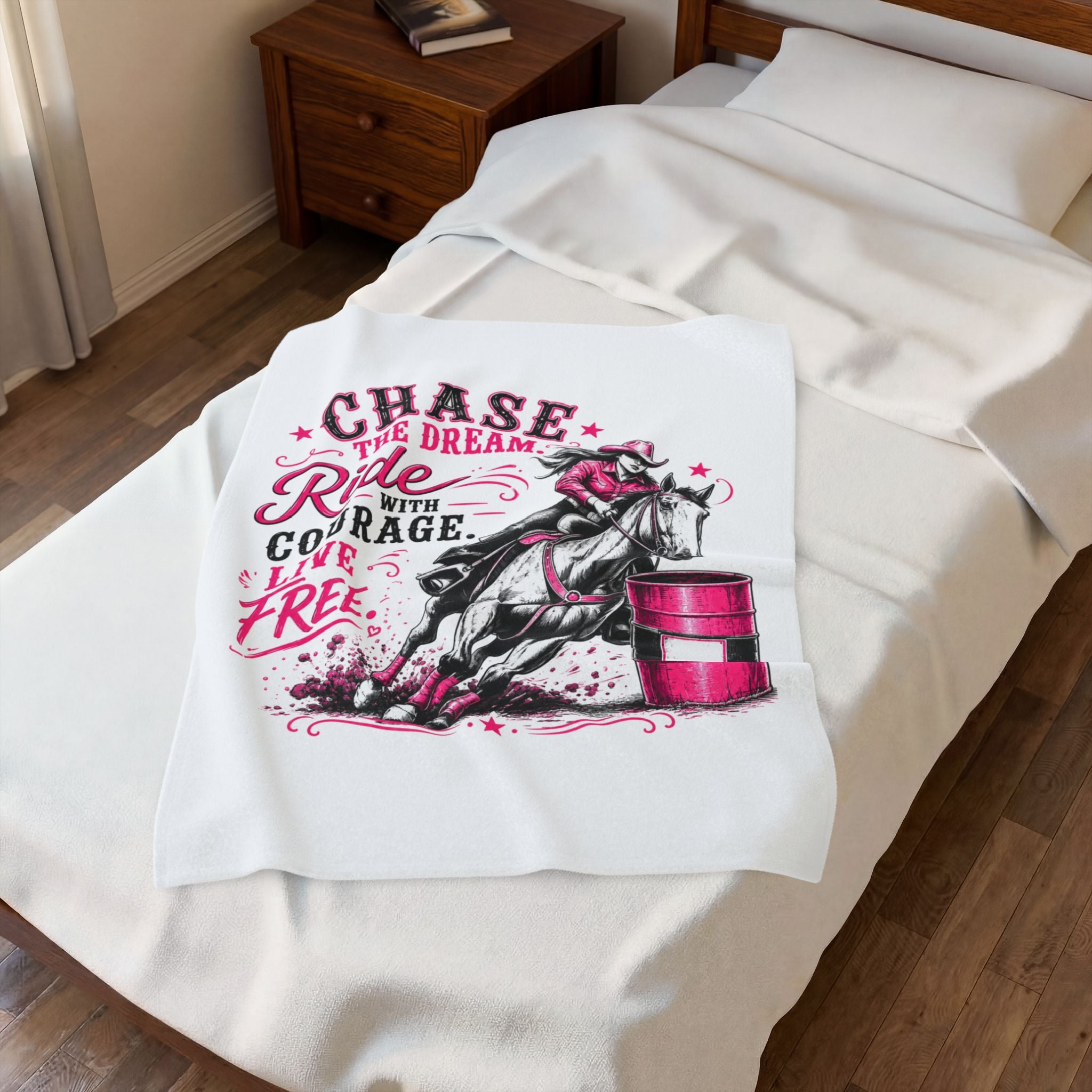 "Chase the Dream, Ride with Courage, Live Free" Barrel Racing Cowgirl Throw (Pink) — Velveteen Plush Blanket