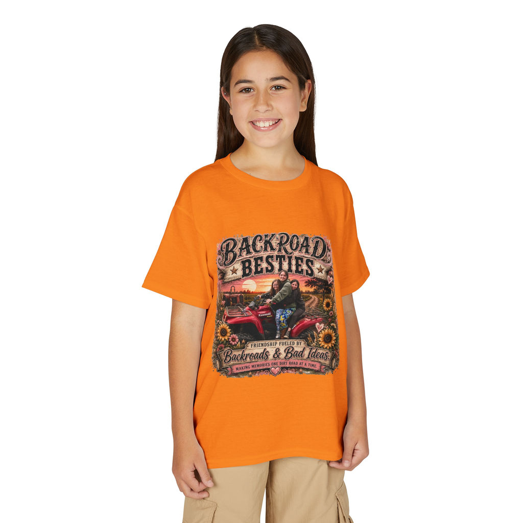 Backroad Besties Youth T‑Shirt — Vintage Tractor Sunset Kids Tee