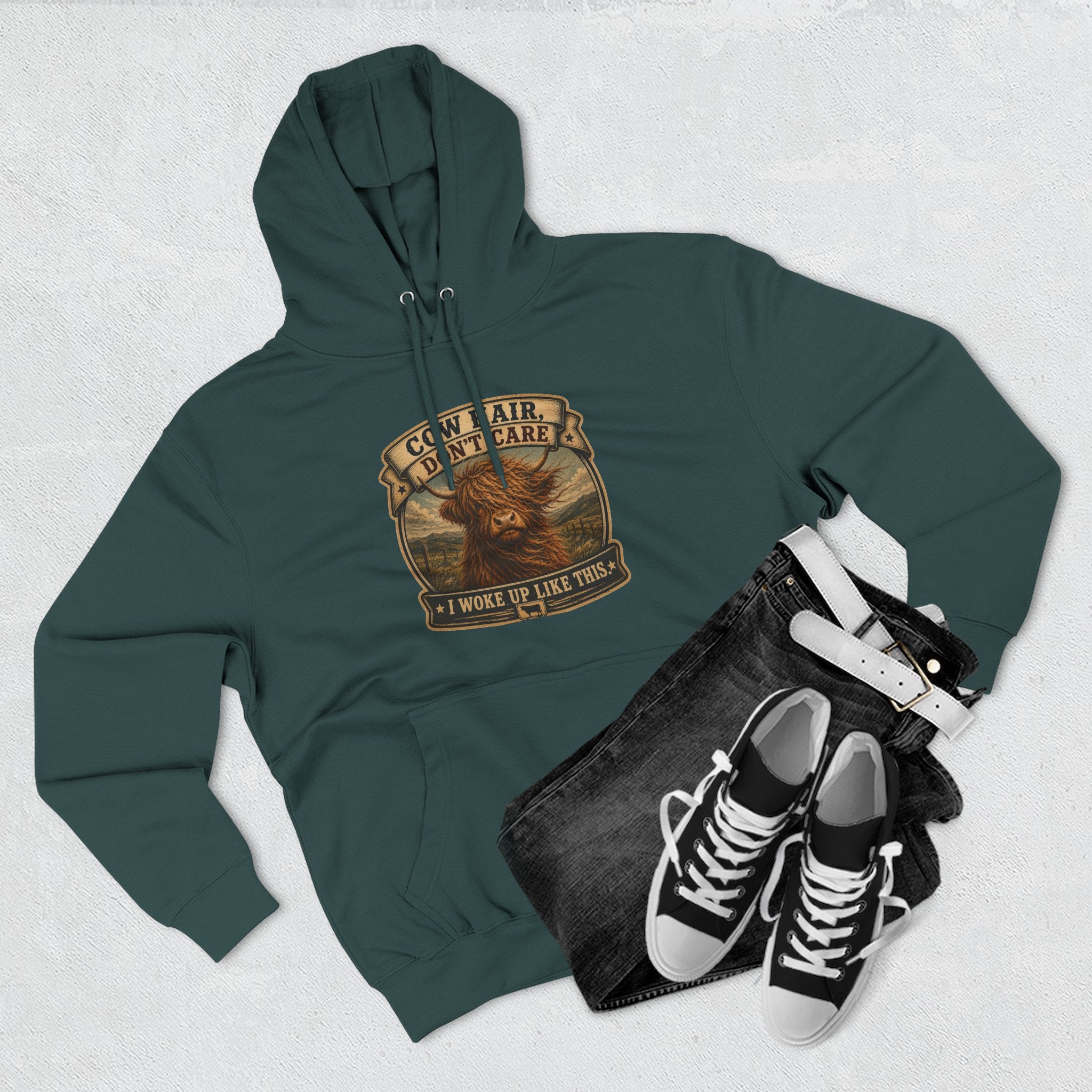 Cow Hair Don't Care Highland Cow - Three-Panel Fleece Hoodie