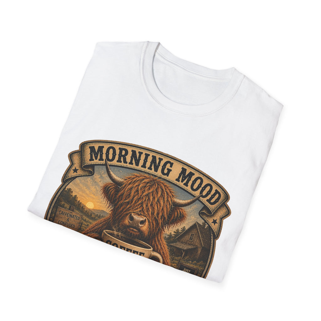 Morning Mood Moo First Questions Later Highland Cow Unisex Softstyle T-Shirt