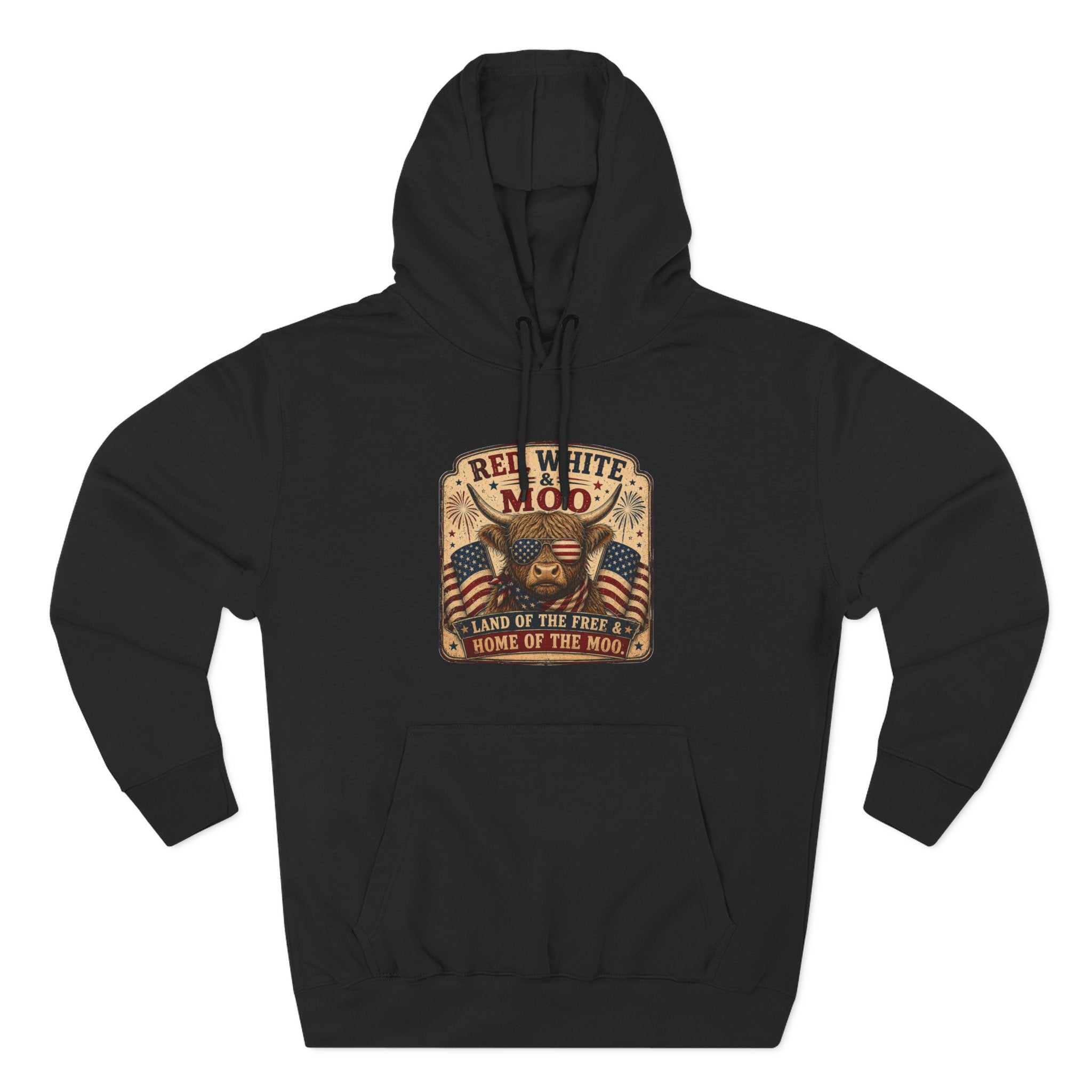 Red, White, & Moo Highland Cow Three-Panel Fleece Hoodie