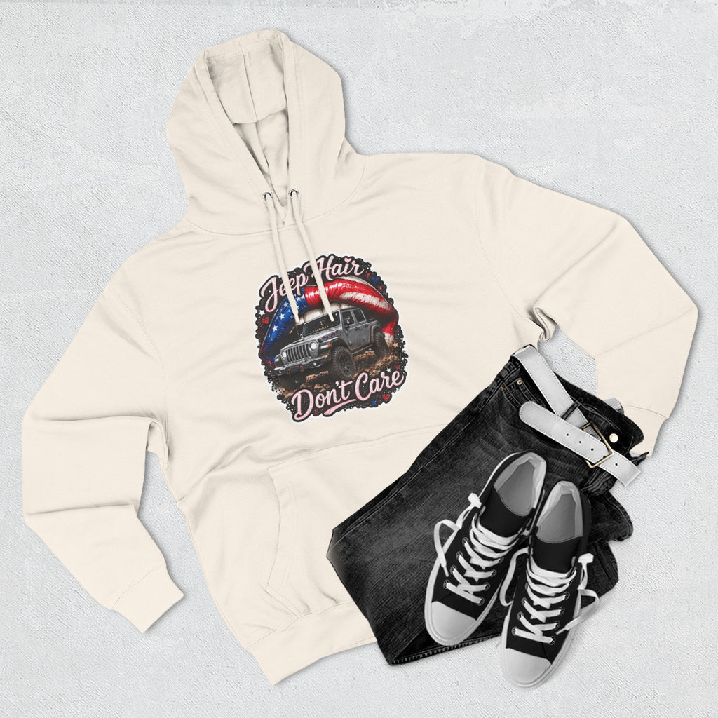 "Jeep Hair Don't Care" Graphic Fleece Pullover - Patriotic Jeep Hoodie