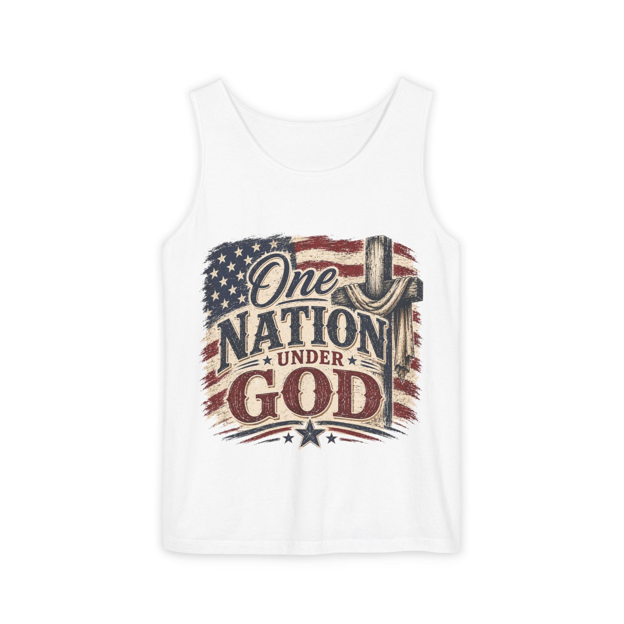 One Nation Under God Tank Top — Patriotic American Flag & Cross Sleeveless Tee