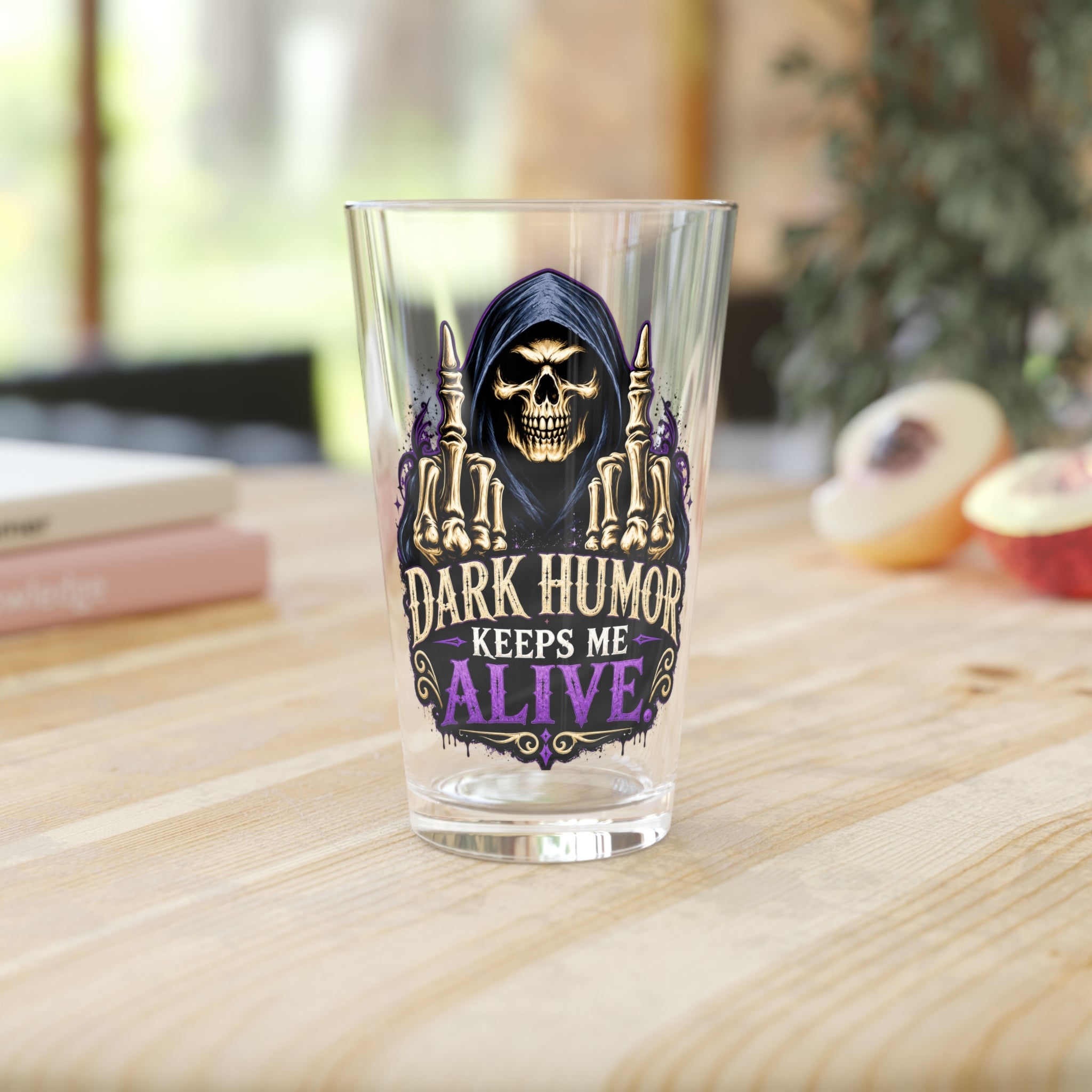 Dark Humor Keeps Me Alive Grim Reaper Purple Pint Glass, 16oz