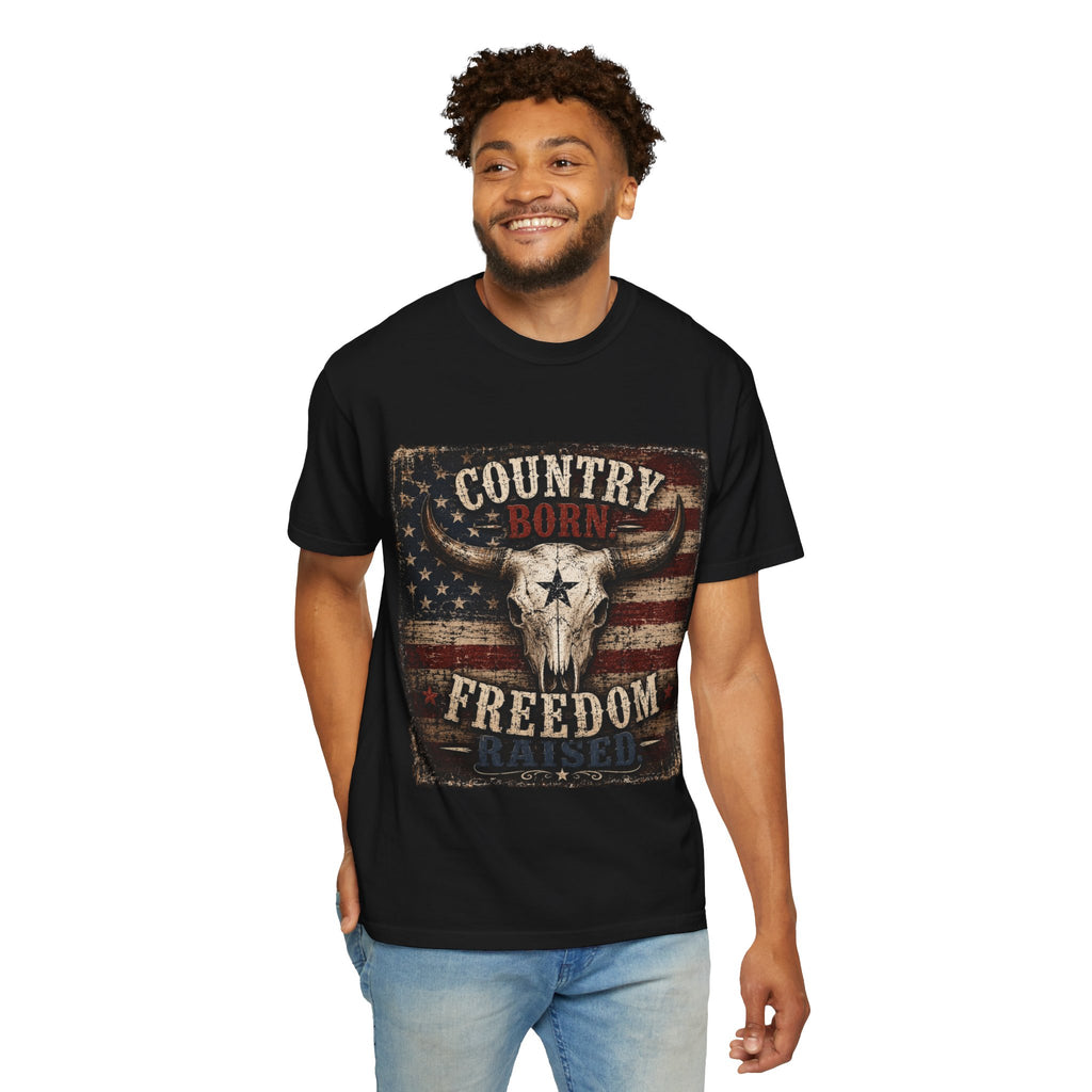 Country Born Freedom Raised T-Shirt — American Flag Steer Skull Graphic