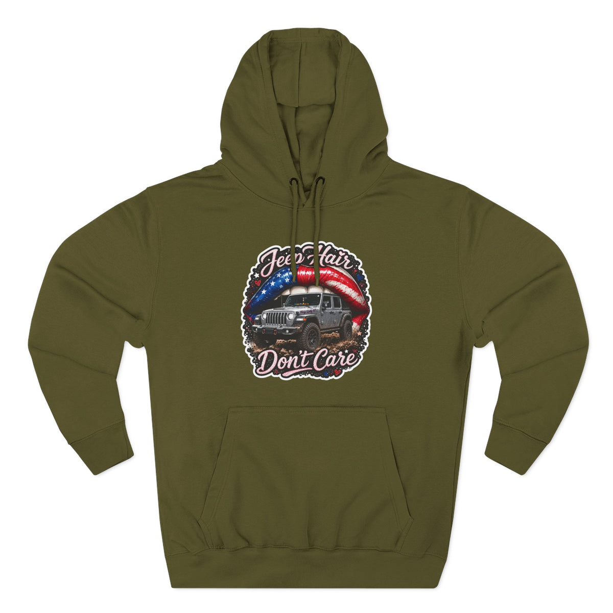 "Jeep Hair Don't Care" Graphic Fleece Pullover - Patriotic Jeep Hoodie