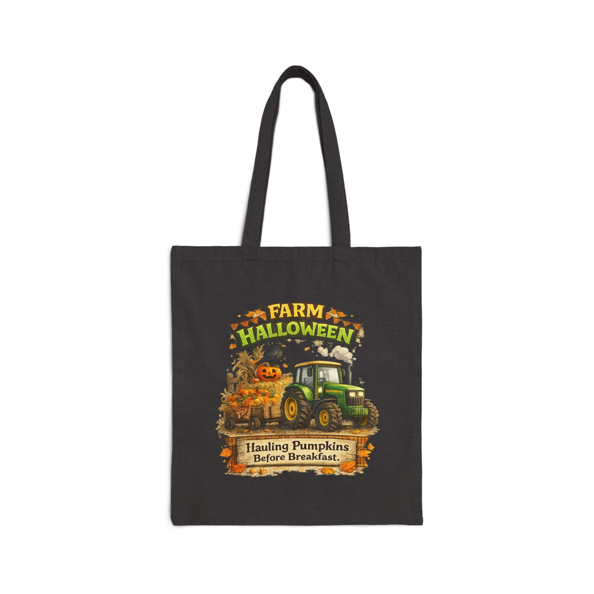 Farm Halloween Tote Bag — "Hauling Pumpkins Before Breakfast" Cotton Canvas Tote