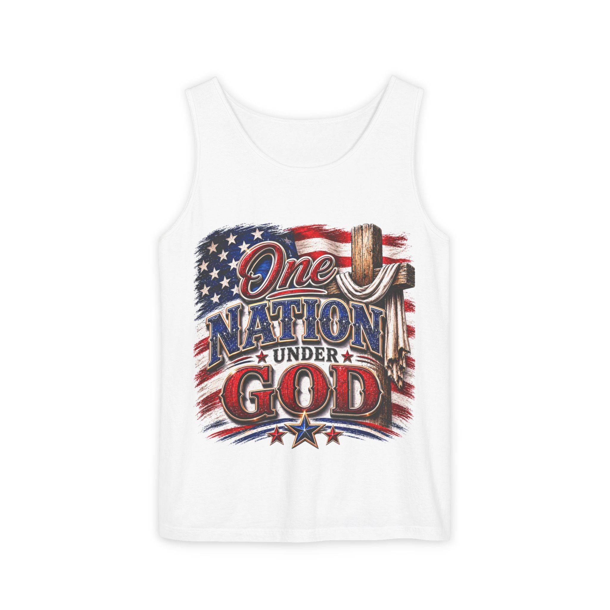 One Nation Under God Tank Top — Patriotic American Flag & Cross Sleeveless Shirt