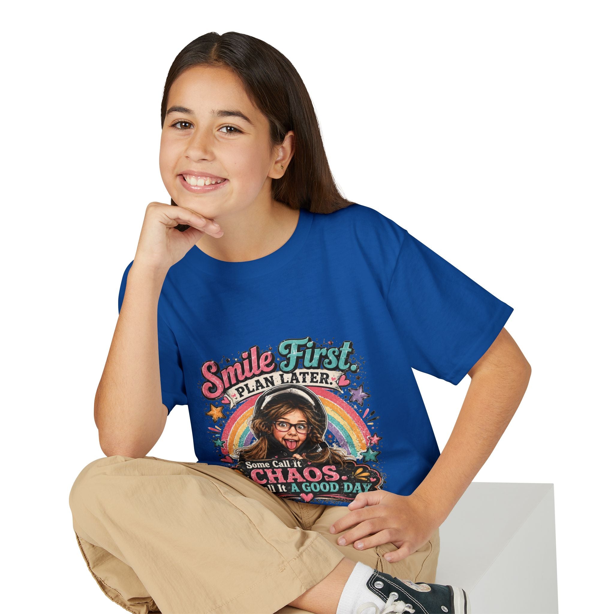 "Smile First, Plan Later" Funny Chaos Rainbow Kids Tee — Youth T-Shirt