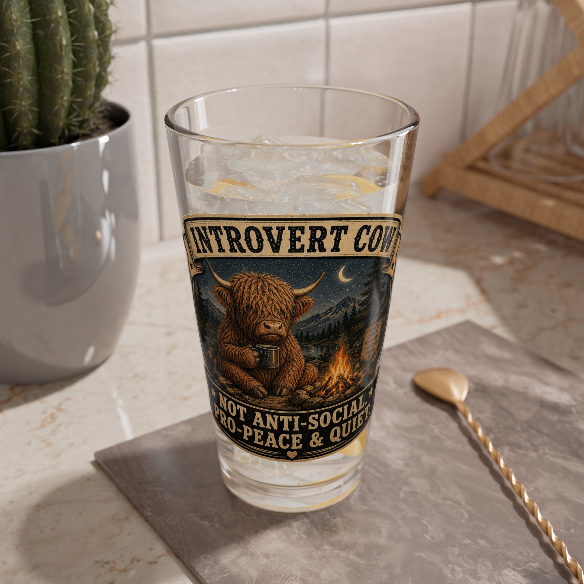 Introvert Cow 16oz Mixing Glass — Campfire Cozy Whiskey & Cocktail Glass