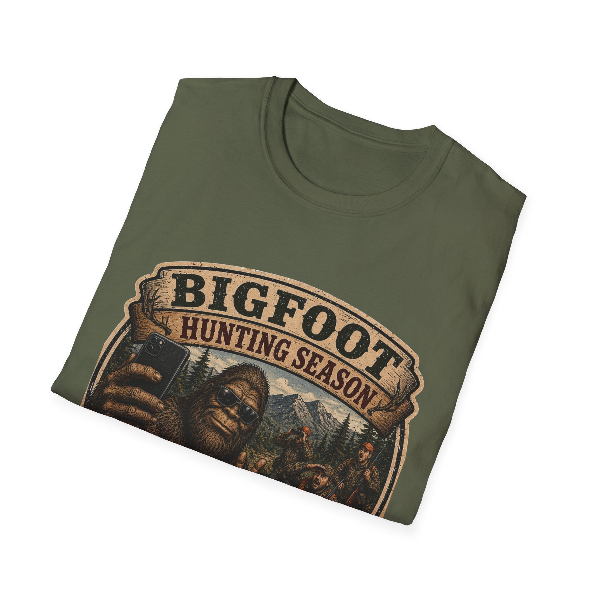 Bigfoot Hunting Season T-Shirt — 'Nice Try' Funny Sasquatch Tee