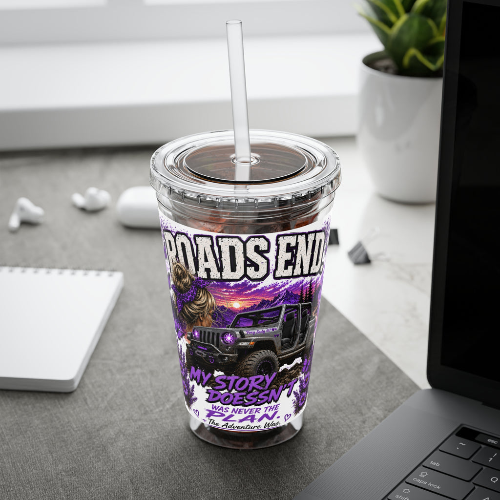 Roads End 16oz Tumbler with Straw — Purple Adventure Truck Design