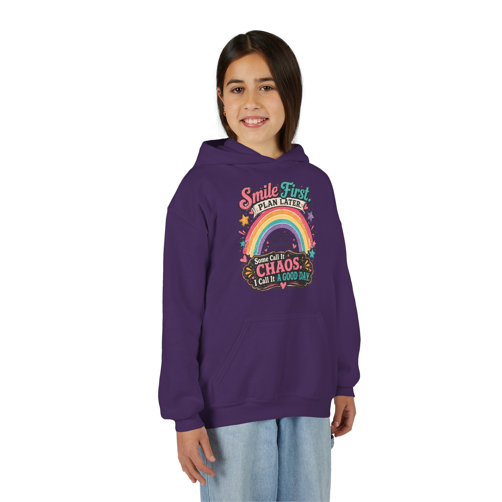 "Smile First, Plan Later" Rainbow Chaos Quote Pullover - Youth Hoodie -