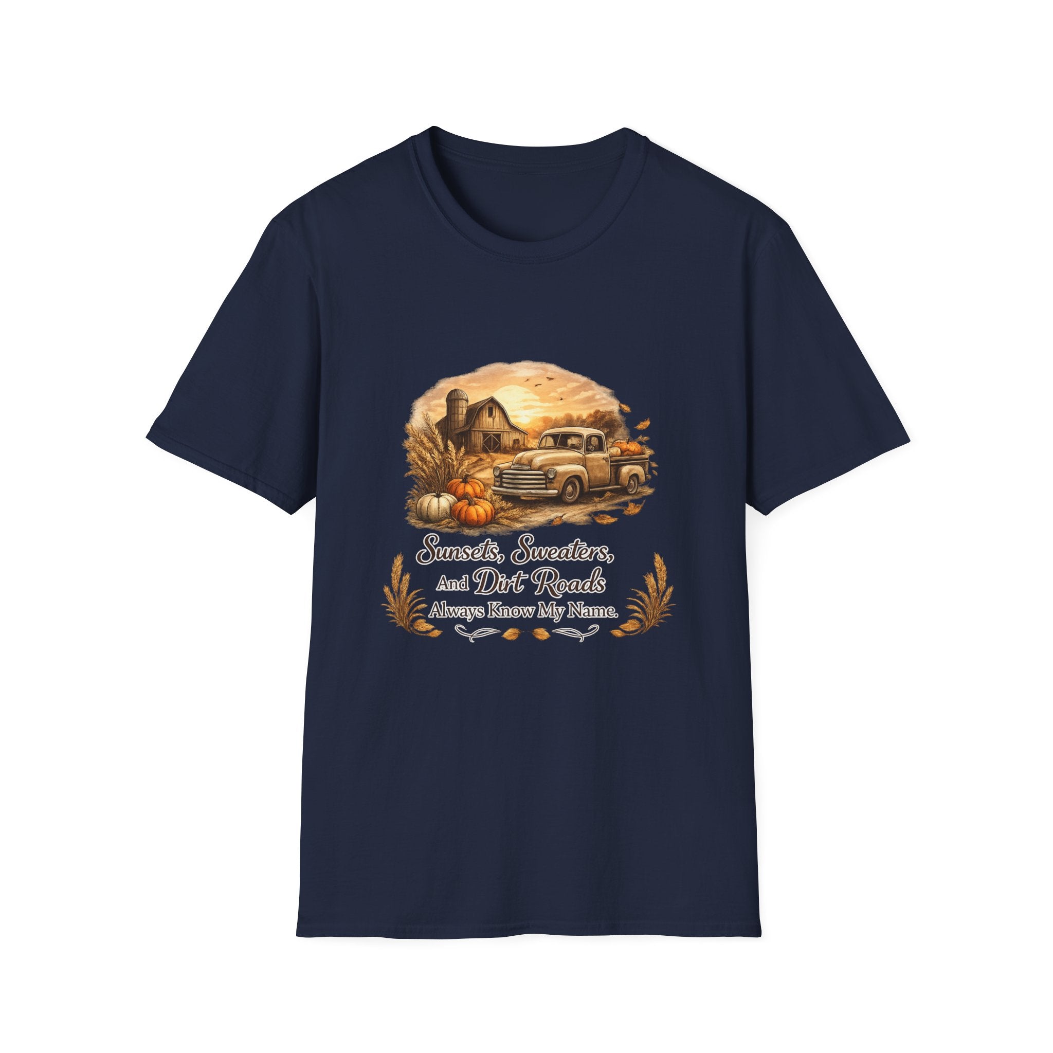 'Sunsets, Sweaters, and Dirt Roads' Vintage Autumn Tee — Fall Farm Truck T‑Shirt
