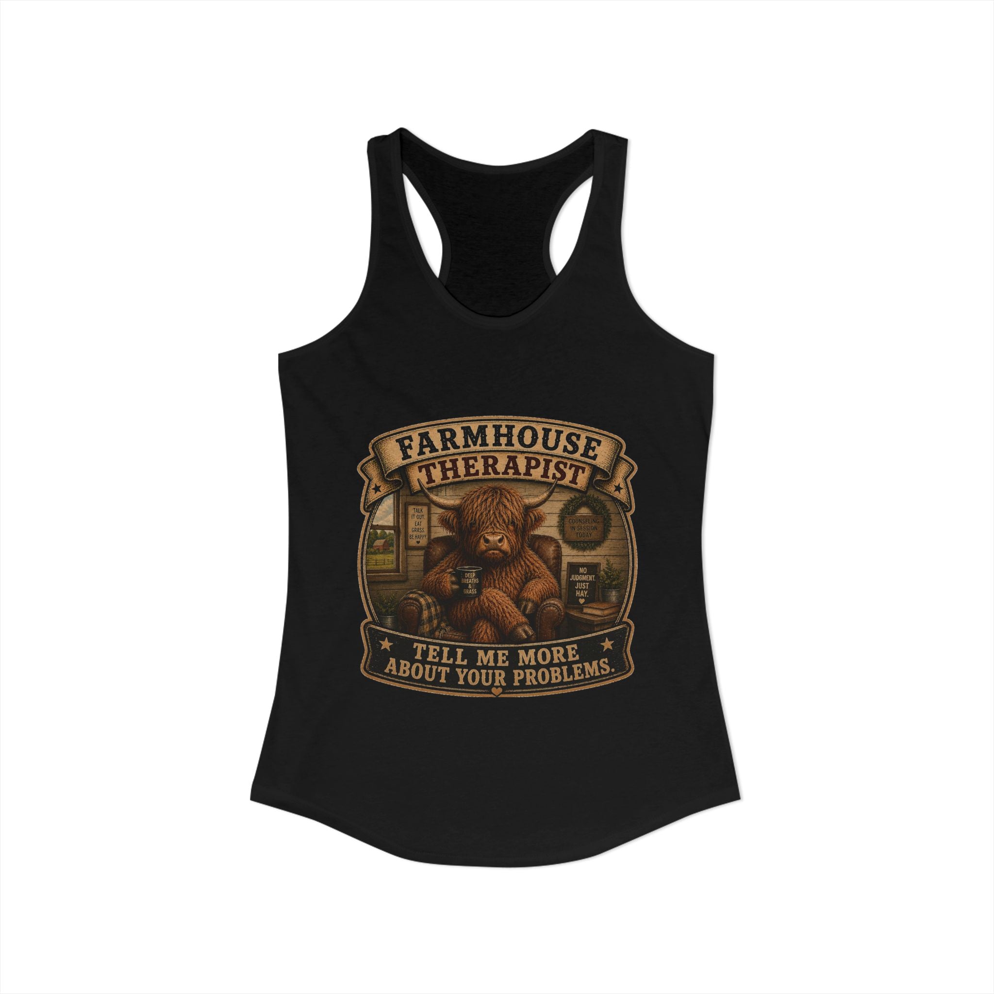 Farmhouse Therapist Highland Cow Women's Ideal Racerback Tank